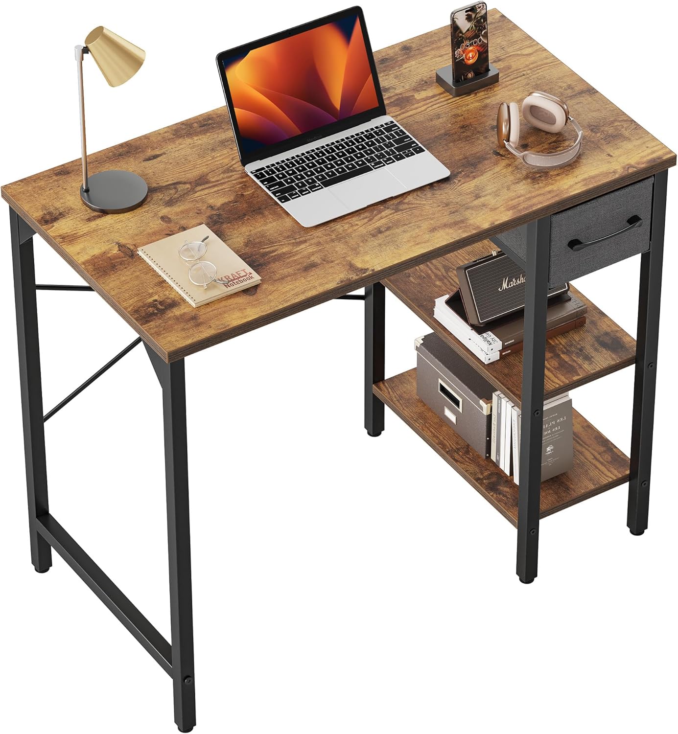 CubiCubi Computer Desk, 35 Inch Small Home Office Desk with Drawer Storage Shelves for Small Space, Writing Study Desk, Rustic Brown