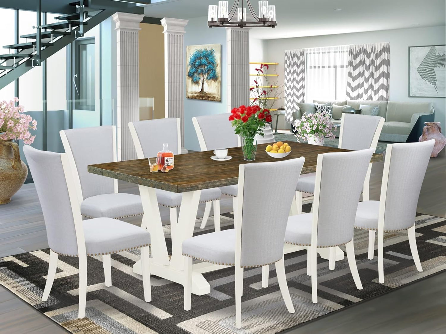 East West Furniture V077VE005-9 9 Piece Kitchen Table Set Includes a Rectangle Dining Table with V-Legs and 8 Grey Linen Fabric Parson Dining Room Chairs, 40x72 Inch, Multi-Color