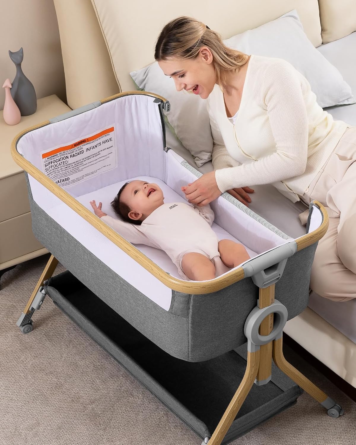 Larex Baby Bassinet Bedside Sleeper for Baby, Baby Crib Bed for Newborn Infant, Bedside Bassinet with Wheels, 5 Adjustable Height, Mosquito Net, Breathable Mattress and Mesh, Storage Basket and Bag
