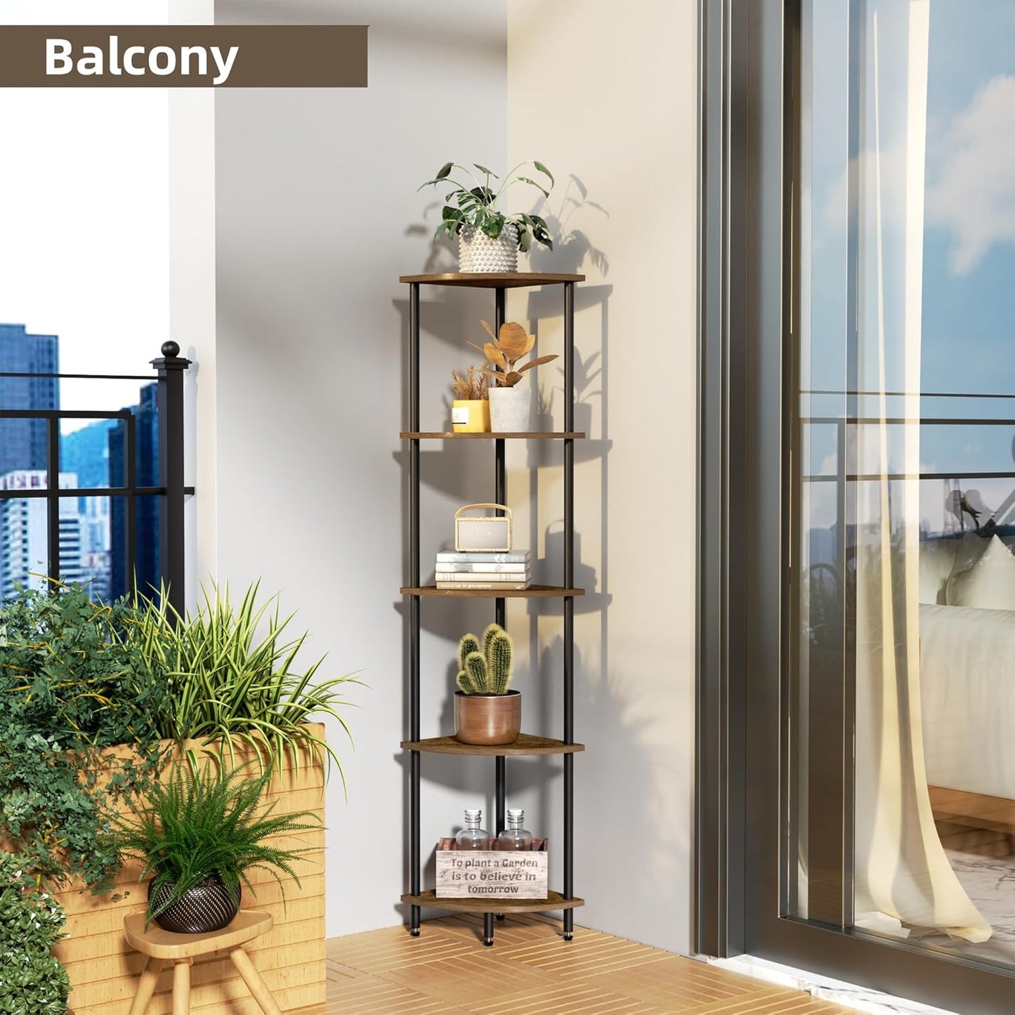 5 Tier Corner Shelf, Bookcase for Small Spaces, Corner Display Shelf, Plant Stand, Rustic Brown and Black,Suitable for Bedroom,Living Room,Kitchen