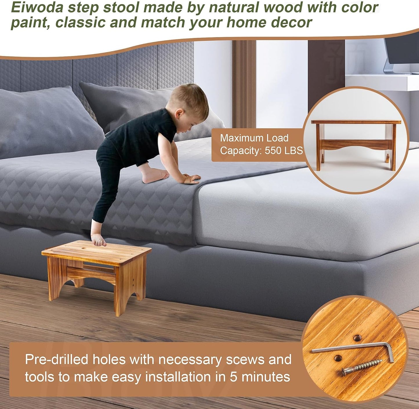 Wooden Step Stool for Adults, 9" Portable Wood Step Stool for Kids, Heavy Duty One Step Bedside Stool with 550 Lbs Load Capacity, Non-Slip White Foot Stool for Kitchen Bathroom Bedroom