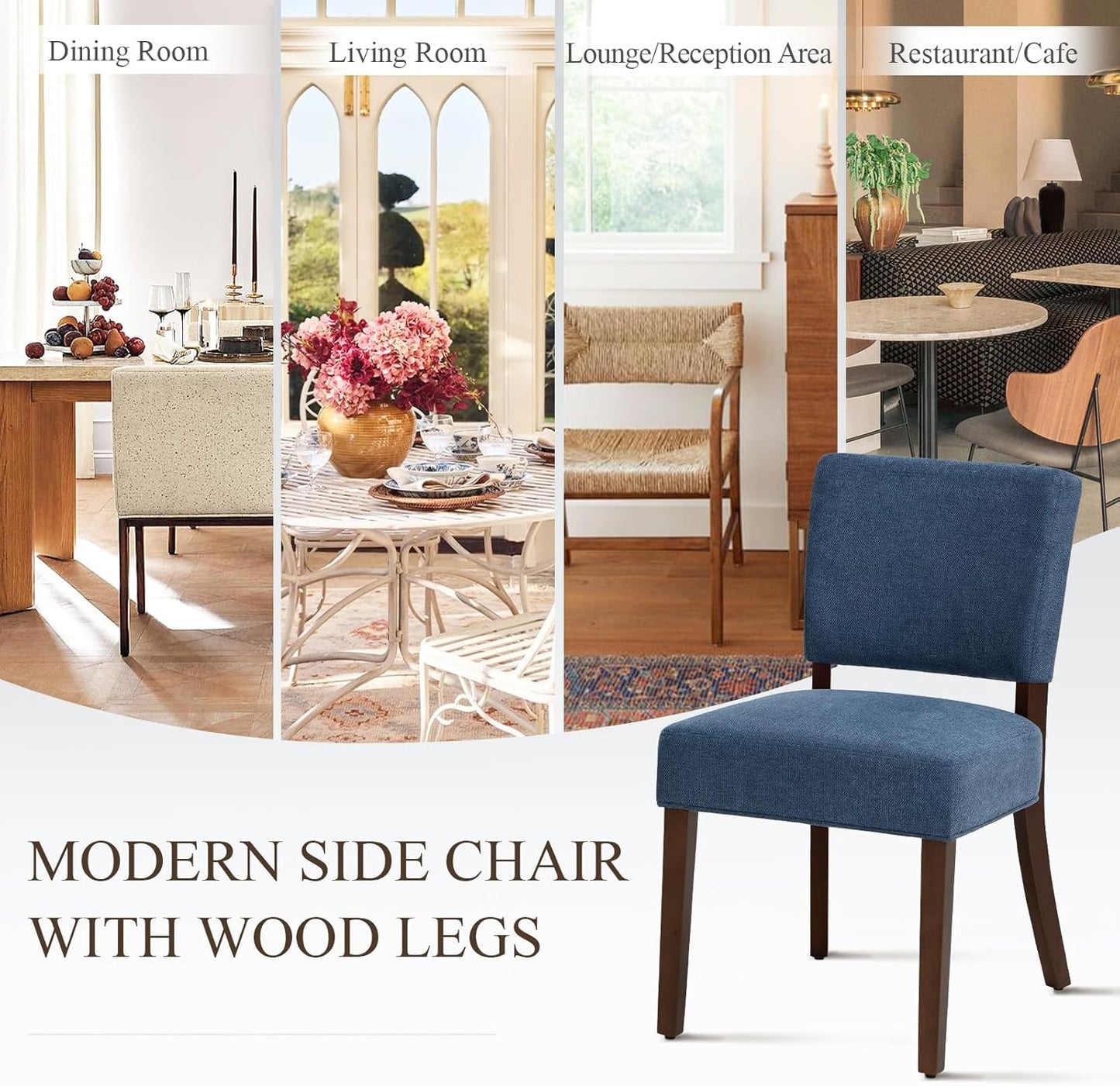 COLAMY Mid Century Modern Dining Chairs Set of 2, Upholstered Kitchen Chairs with Back, Farmhouse Fabric Side Dining Room Chairs with Wood Legs for Dining Room Kitchen Restaurant, Blue