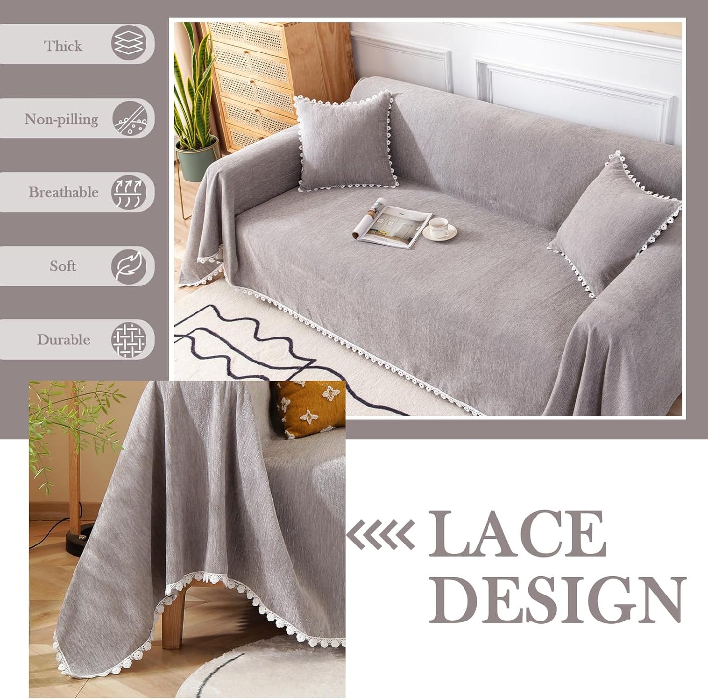 HANDONTIME Couch Cover for Dogs Grey Sectional Couch Covers for 3 Cushion Couch Sofa Flower Lace Sofa Covers Machine Washable Easy Install Futon L Shaped Couch Cushion Covers for Cat Kids, 71" X150"
