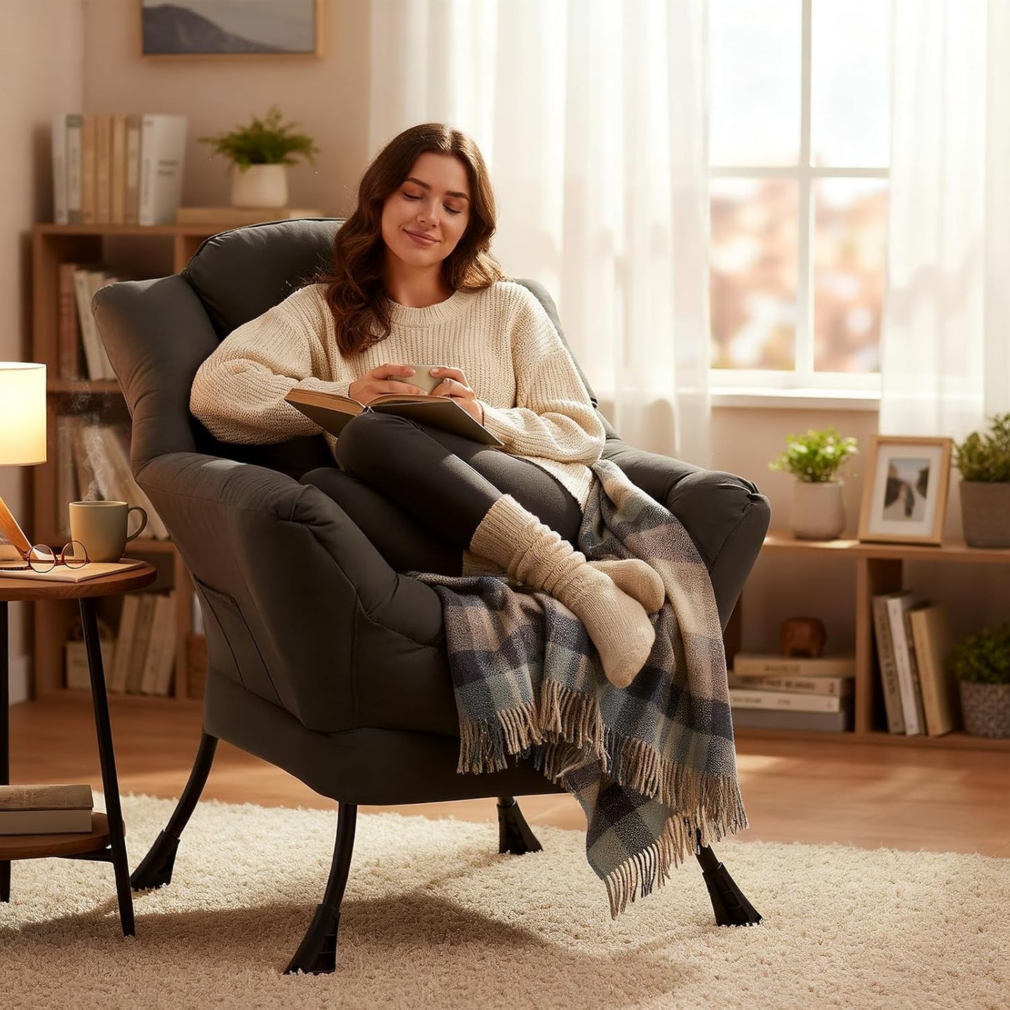 Lazy Chair, Reading Armchair, Large Modern Lounge Accent Chair, Leisure Sofa Chair for Living Room, Bedroom, Dorm Room, Dark Grey