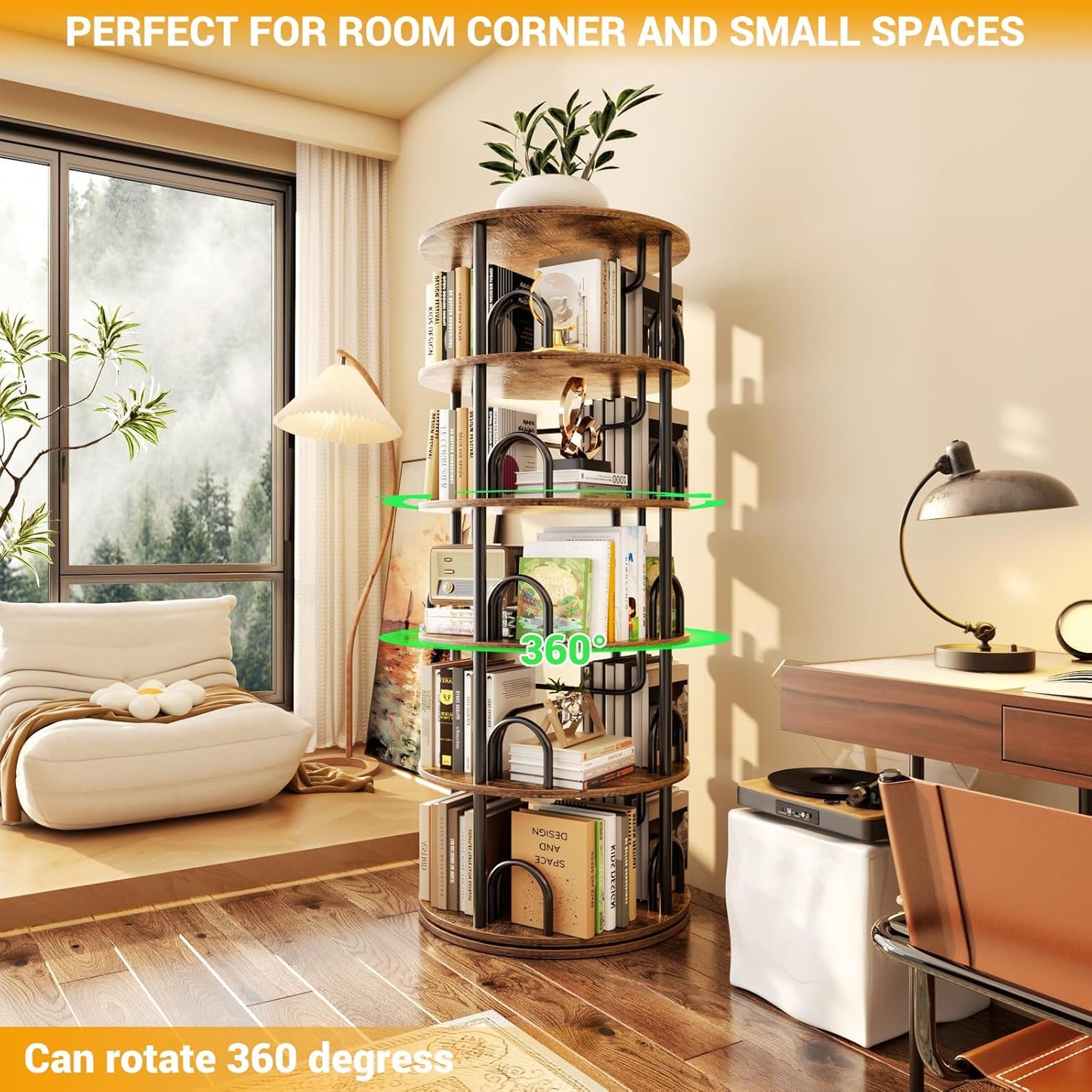 Aheaplus 5 Tier Rotating Bookshelf Tower, 360 Display Spinning Bookcase, Revolving Round Book Shelf Narrow Swivel Bookshelf, Vertical Turning Corner Book Organizer for Small Space, Rustic Brown