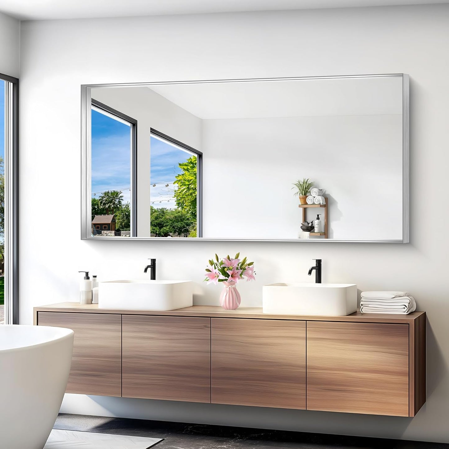 Silver Bathroom Mirror, 72x36 Inch Rectangular Framed Mirror, Large Wall Mounted Bathroom Vanity Mirror Over Sink for Bedroom,Restroom, Living Room, Hangs Vertically or Horizontally