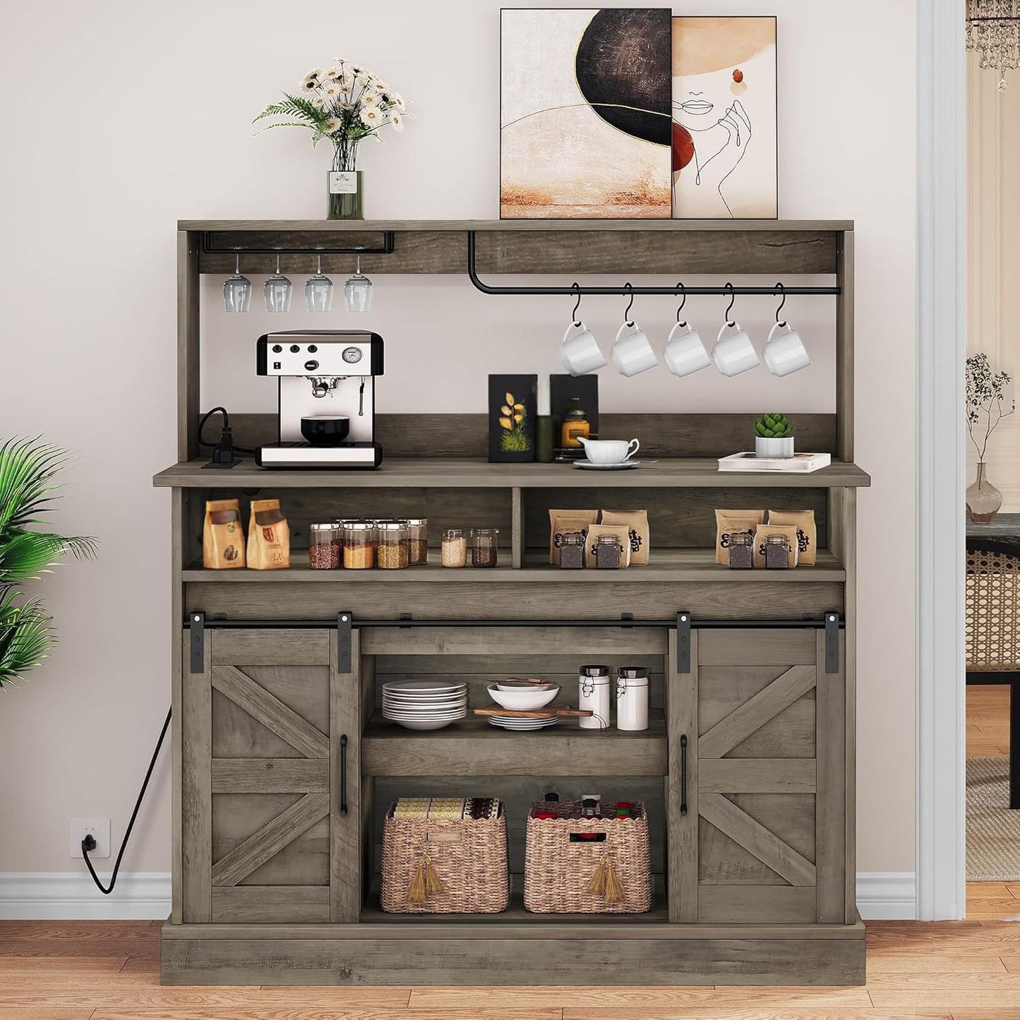 YITAHOME Buffet Cabinets with Storage, 47" Coffee Bar with Goblet Holder & Power Outlet, Farmhouse Sideboard Cabinets with Sliding Barn Doors for Kitchen, Living Room (Rustic Grey Oak)