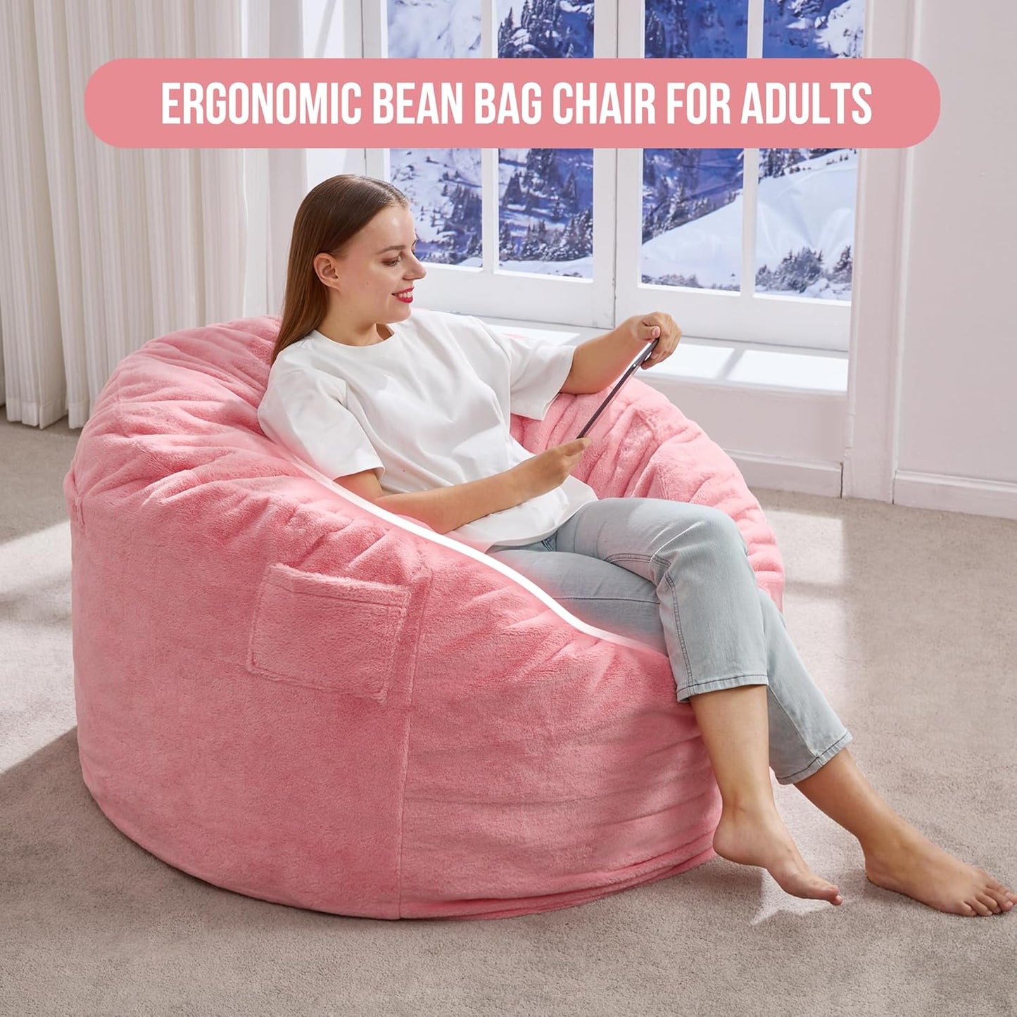 Hobestluk 3ft Bean Bag Chairs for Adults Large Beanbag Chair with Plush Faux Fur Cover Big Bean Bag Chair for Living Room Bedroom Dorm Office -Pink (36” x 36” x 22”)
