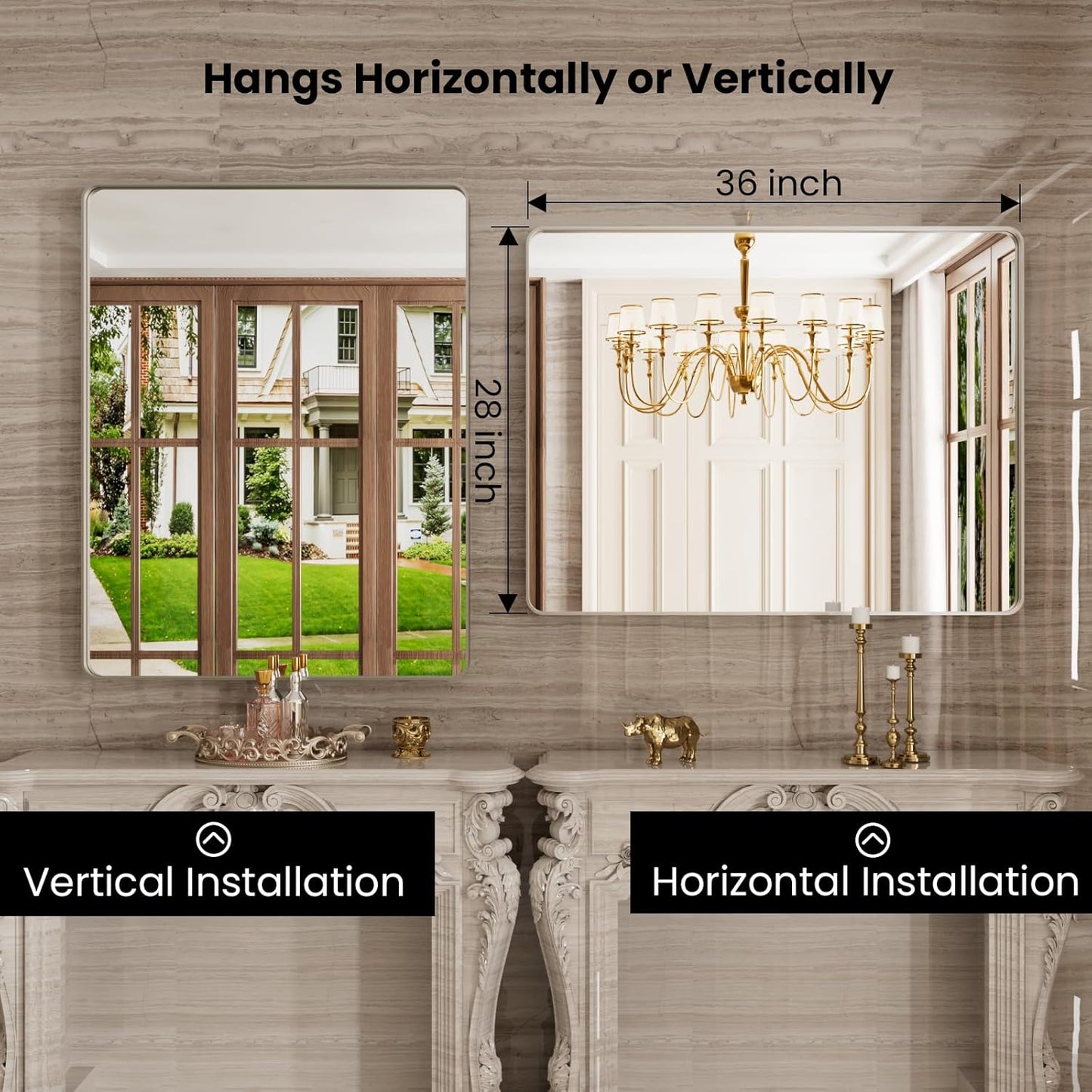 Brushed Nickel Bathroom Mirror 28x36 Inch, Brushed Silver Metal Frame Mirror Wall Mounted, Rounded Rectangle Bathroom Vanity Mirror, Tempered Glass, Anti-Rust, Horizontal/Vertical