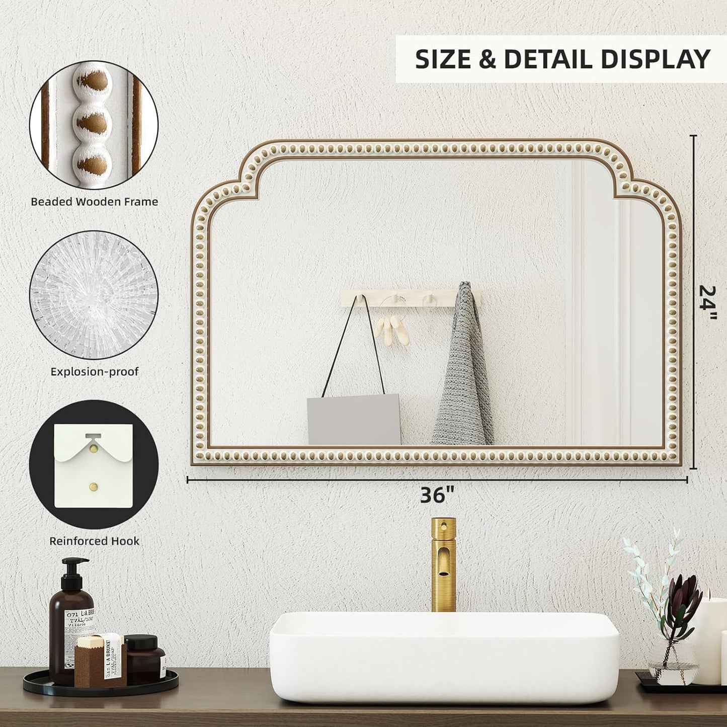 36''x24'' Farmhouse Wood Decorative Wall Mirrors with Beads, Boho Large Wide Arch Mirror for Living Room, Bedroom, Entryway, Fireplace