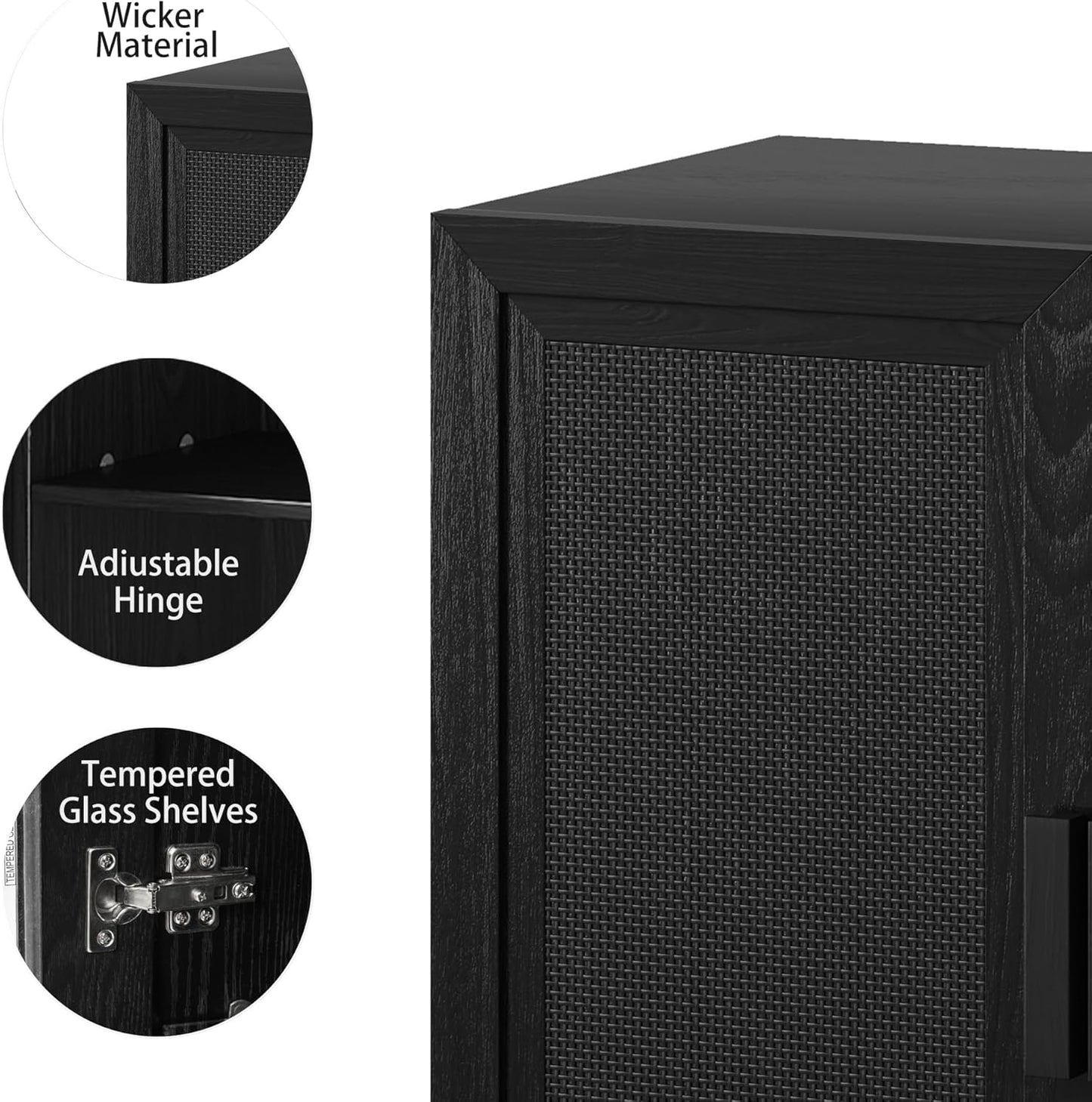 Buffet Cabinet, 4-Doors Sideboard Cabinet with Rattan Panels, Buffet Console Accent Table for Hallway Entryway Dining Room, 62", Black