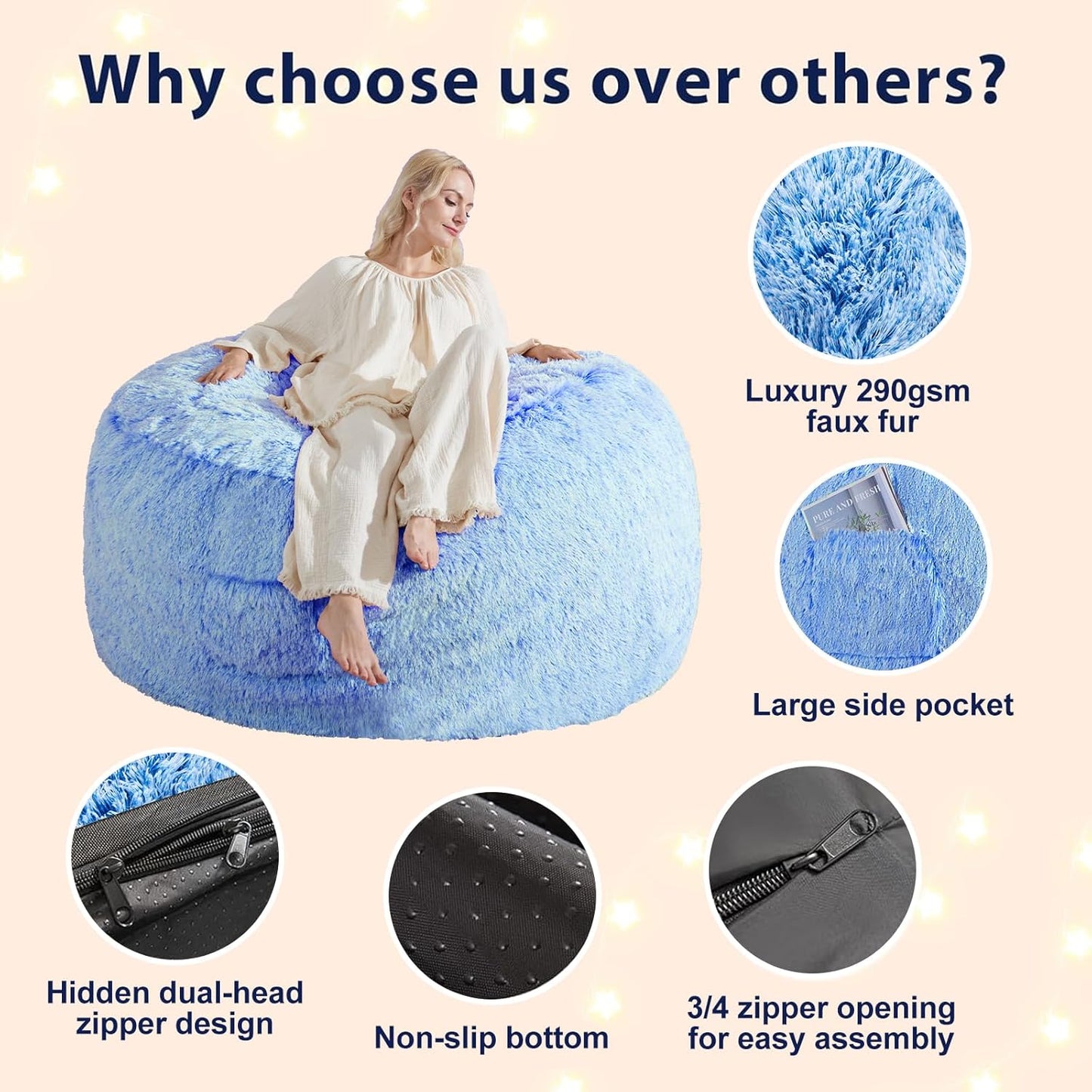 Bean Bag Covers Only, Fluffy Stuffed Beanbag Chair Covers No Filler, Washable Bean Bags Cover for Adults, Stuffed Animal Bean Bag Anti-Slip, 5FT, Blue