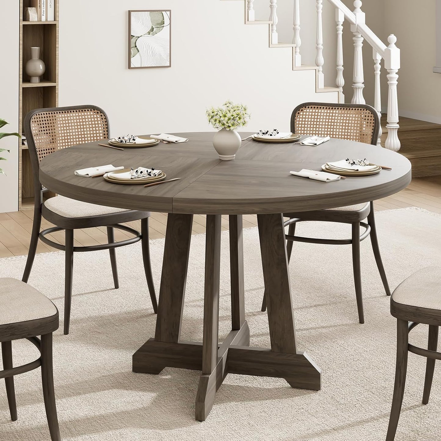 GarveeHome Round Dining Table for 4,Kitchen Dining Room Circle Dinner Pedestal Table,Space Saving Wood Kitchen & Dining Room Furniture,Grey 47-inch Diameter
