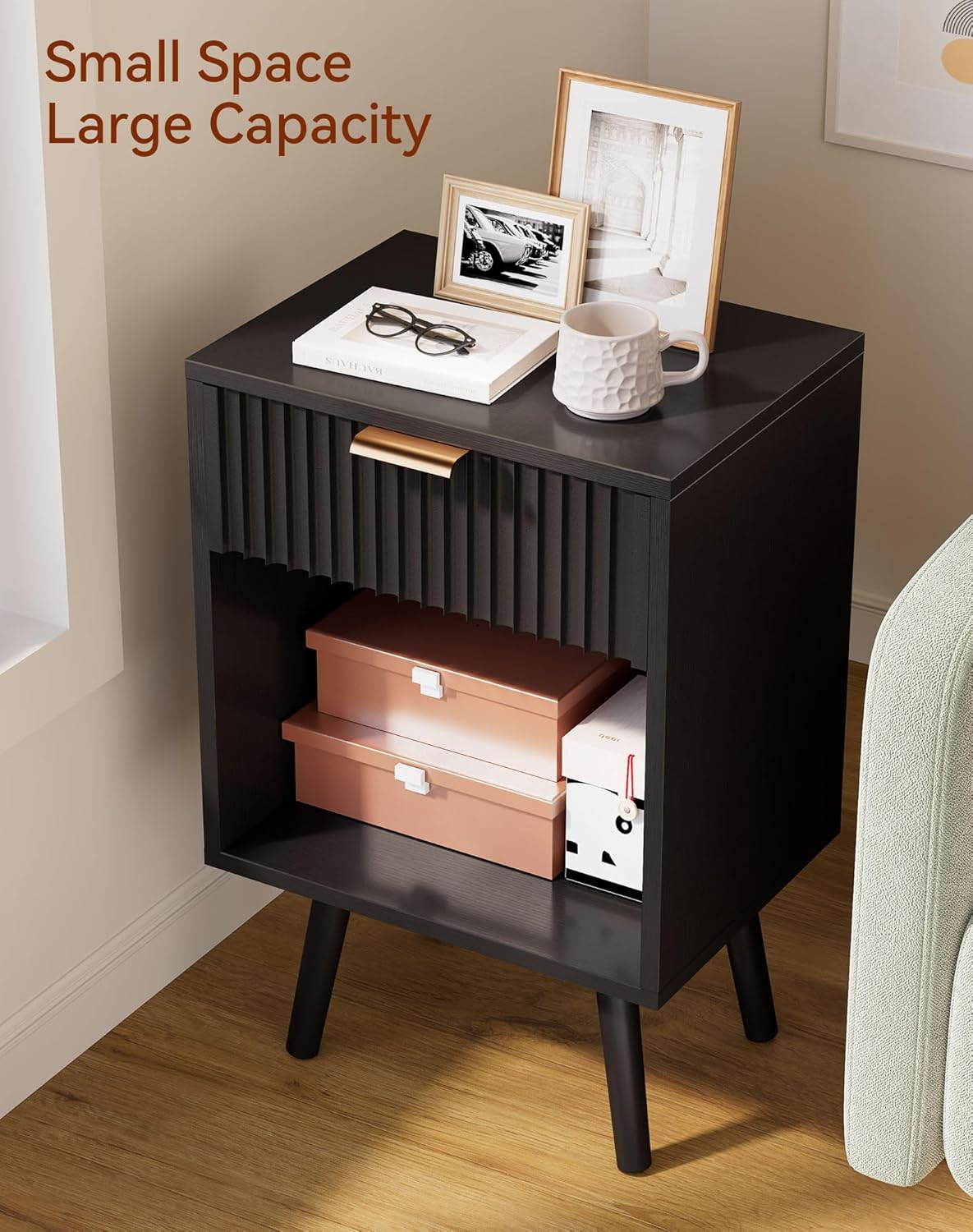 YMYNY Mid Century Modern Nightstand, Side Table, Fluted Night Stand with Drawer, Open Shelf Unit, Golden Handle, Solid Wood Legs, Bedside Table, for Bedroom, Black UHST013B