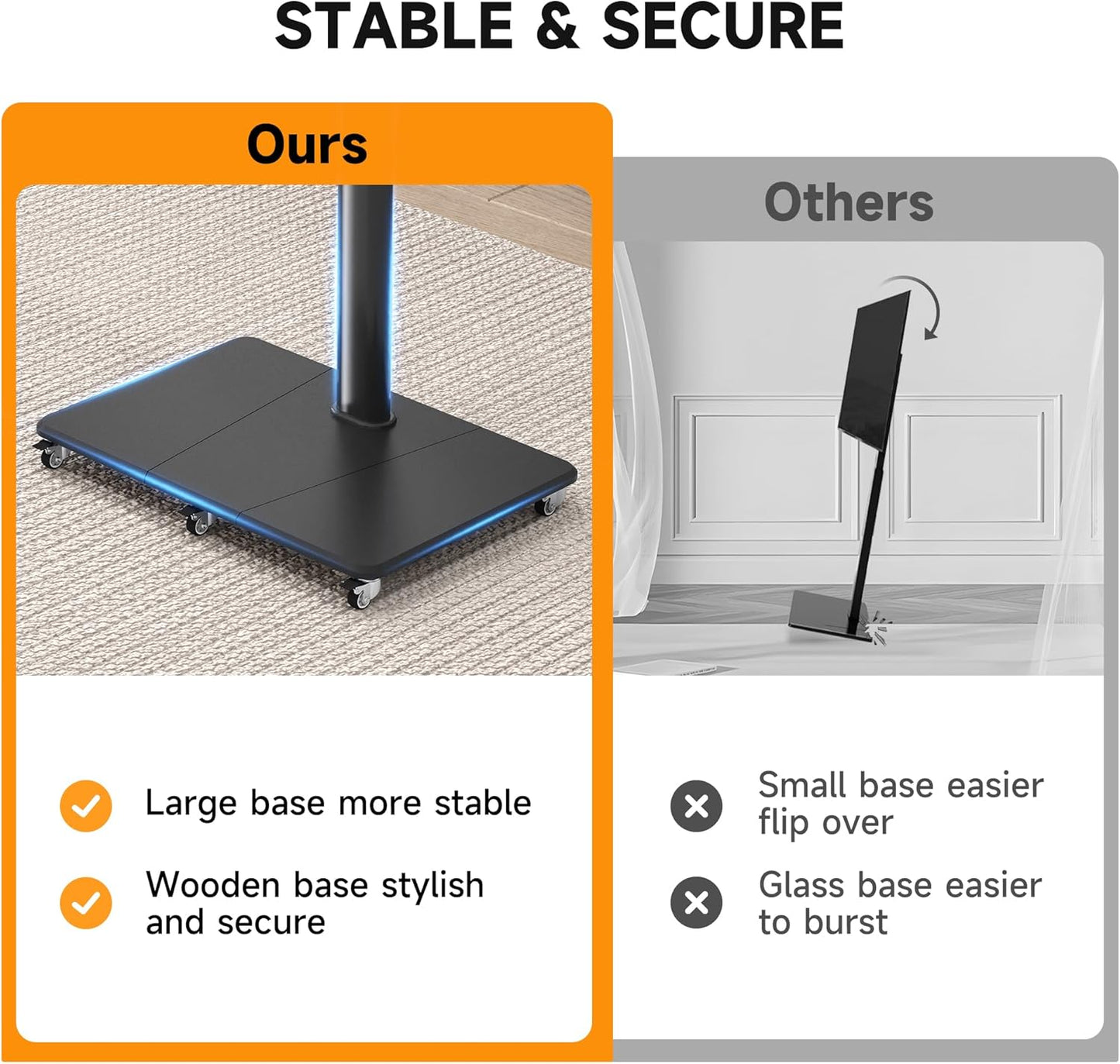 Tall Floor TV Stand for 32-75" TV Portable Rolling TV Cart with Wheels Height Adjustable with Wood Base, Holds up to 88 lbs, Max VESA 600x400mm TS005HB