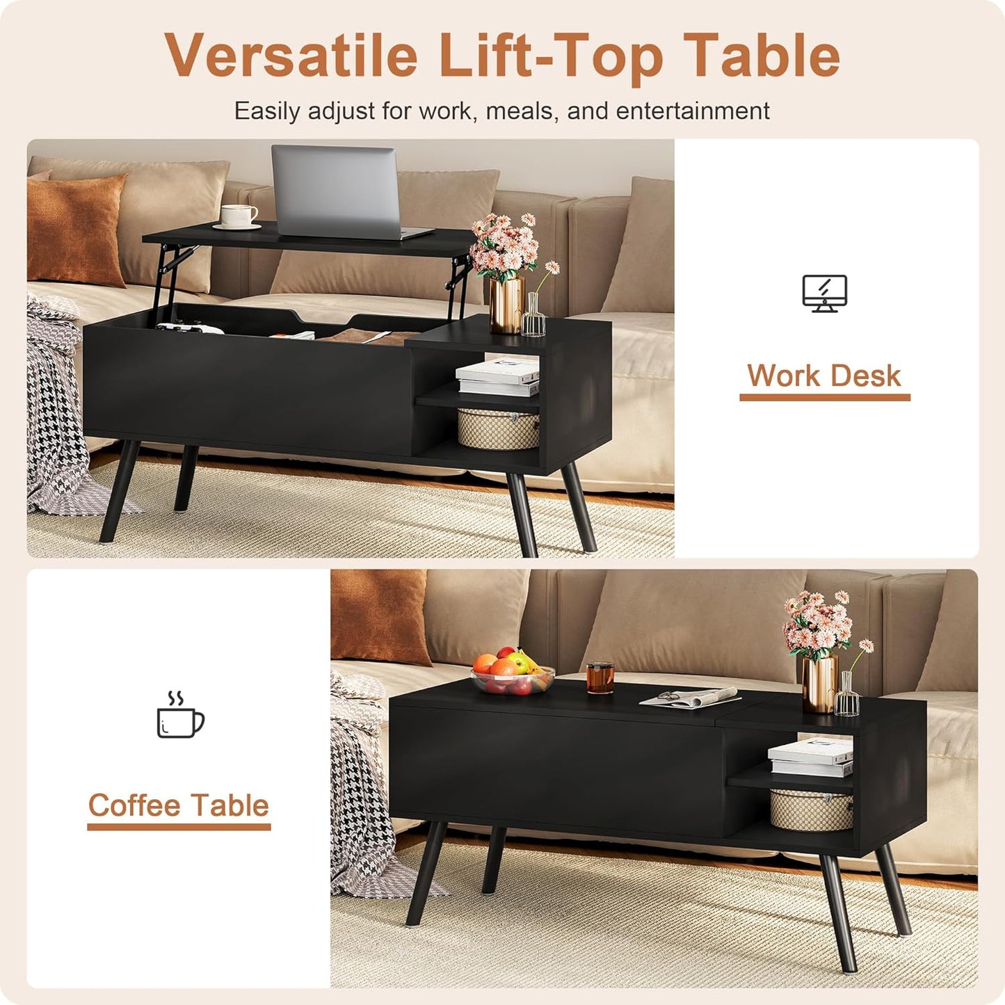 ALINE FURNITURE Black Lift Top Coffee Table with Hidden Storage Compartment, Solid Wood Legs & Open Shelves - 40" Pop Up Coffee Tables for Living Room