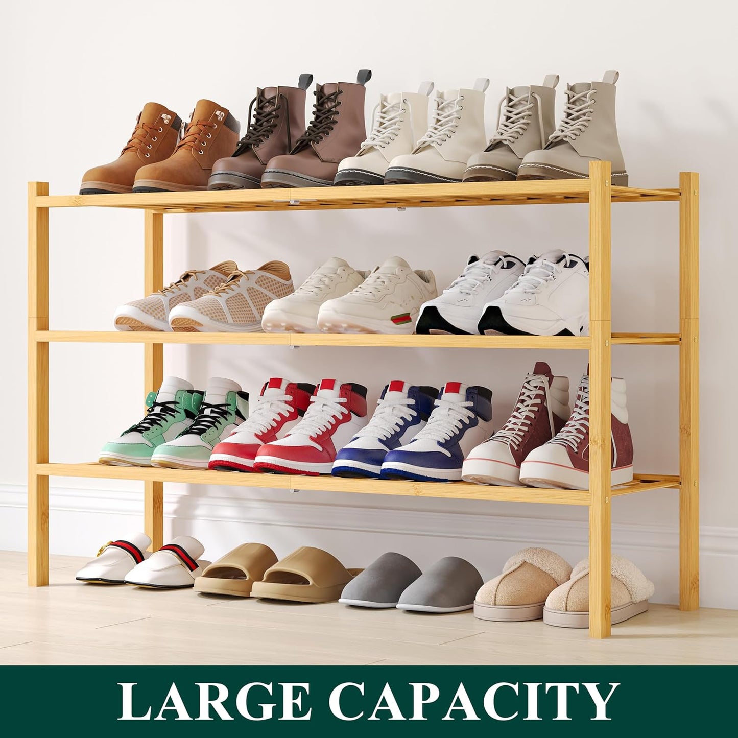 Smiry Shoe Rack, 3 Tier Long Bamboo Shoe Organizer, Stackable Free Standing Wooden Shoe Storage Shelf for Closet, Entryway, Front Door Entrance, Natural