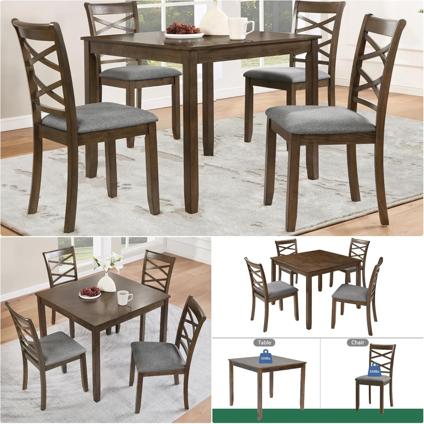 Dining Table Set, Wooden Kitchen Table Set with Square Table, 4 Flat X Backrest Upholstered Chairs, Table and Chairs with Non-Slip Feetmats for 4 People, Living Room and Kitchen, Walnut