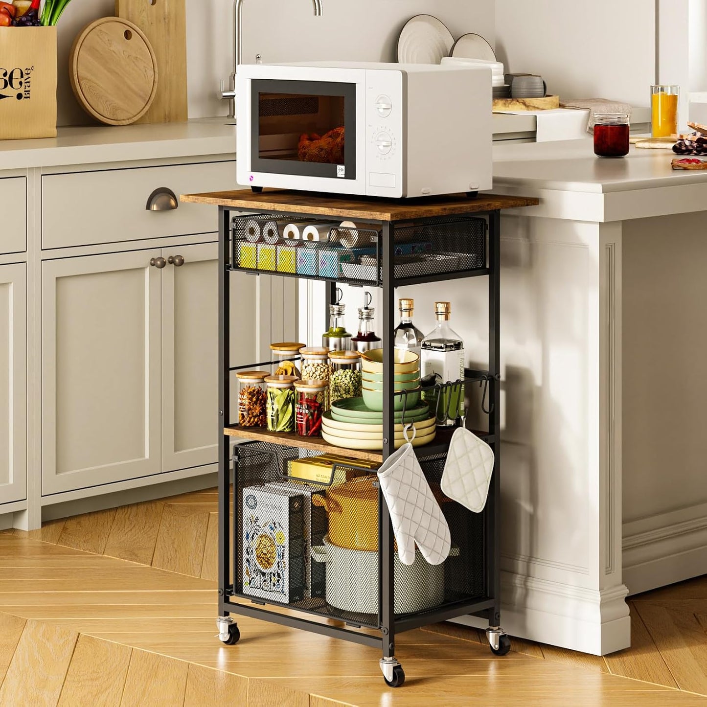 Microwave Stand with Drawers & Hooks,3-Tier Rolling Kitchen Cart for Small Spaces, Multifunctional Storage Organizer with Lockable Wheels Rustproof(Black +Vintage, 20.8 * 15.7 * 32.6inch)