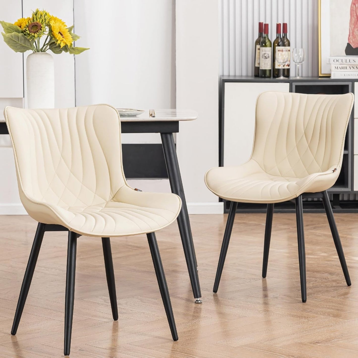 Kidol & Shellder Beige Dining Chairs Set of 2,Faux Leather Upholstered Mid Century Modern Kitchen&Dining Room Chair with Back,Ergonomic Armless Vanity&Living Room Chair with Metal Legs