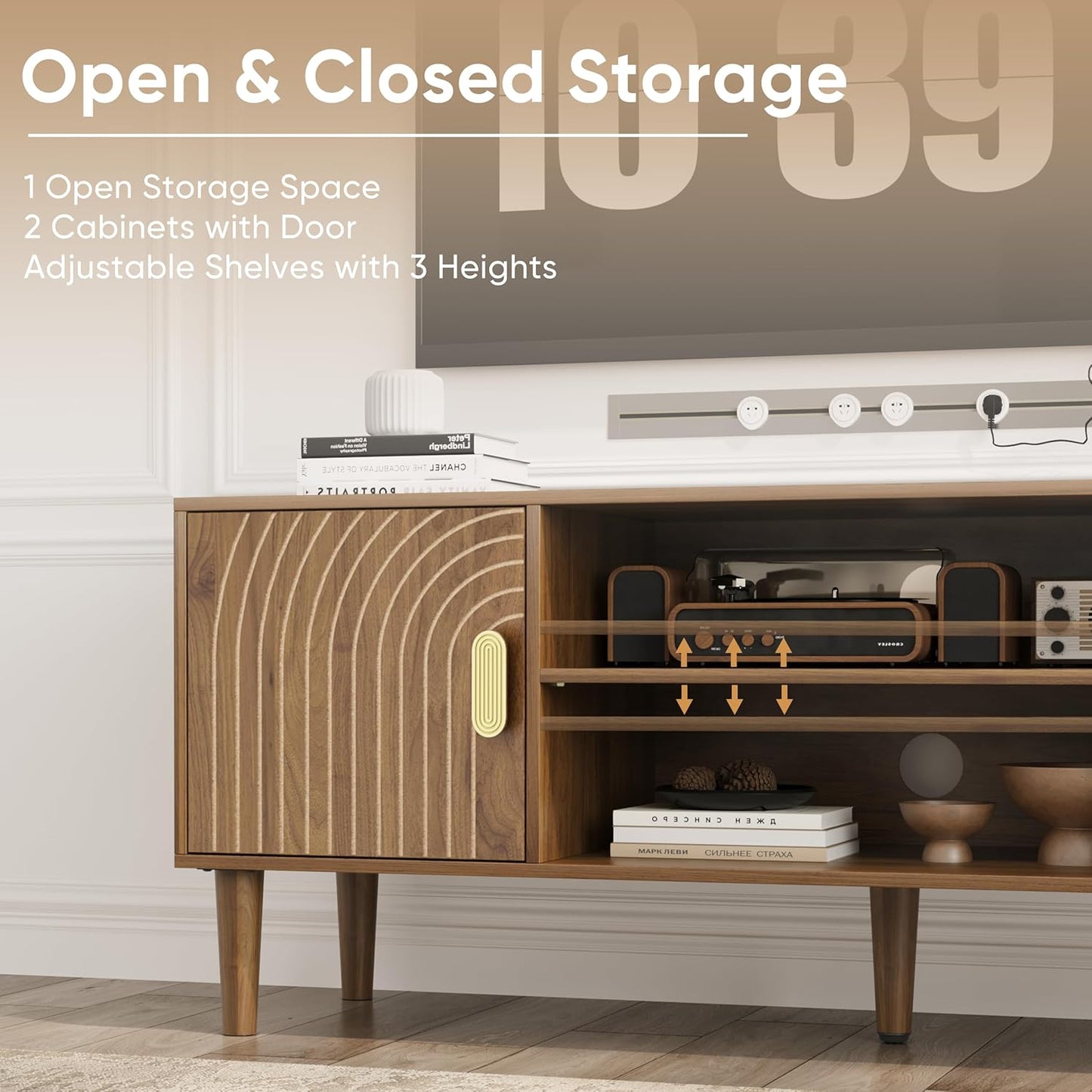 Smuxee Walnut TV Stand with Line Groove Design, 47.2" Mid Century Modern TV Media Console for TVs up to 55", TV Cabinet with Adjustable Shelf & 2 Cabinets for Living Room