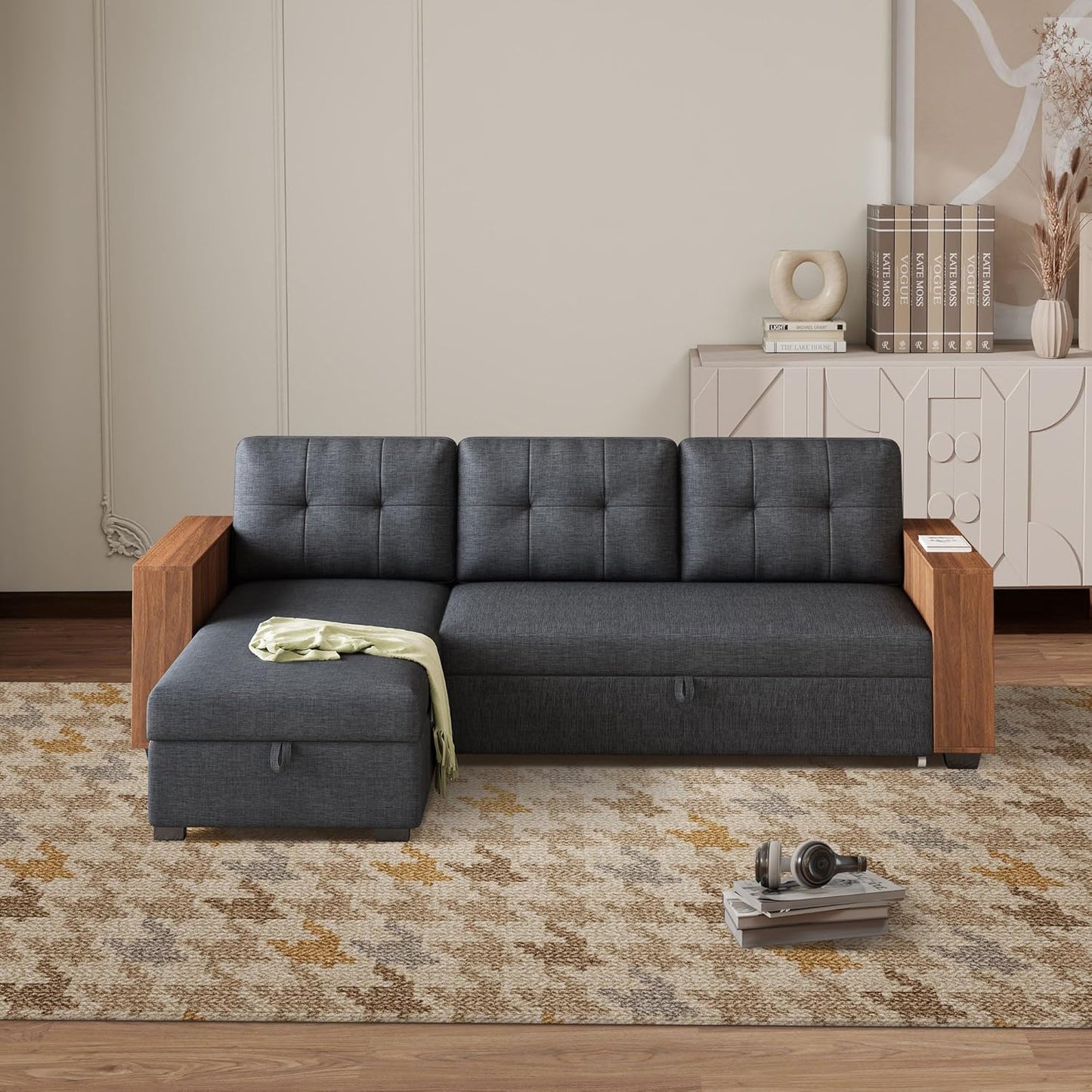 Ball & Cast 84" Sectional Sleeper Sofa with Storage Chaise,L Shaped Pull Out Couch Bed with Wooden Armrests and 3 Removable Back Cushion for Living Room,Apartment,Office,Dark Grey