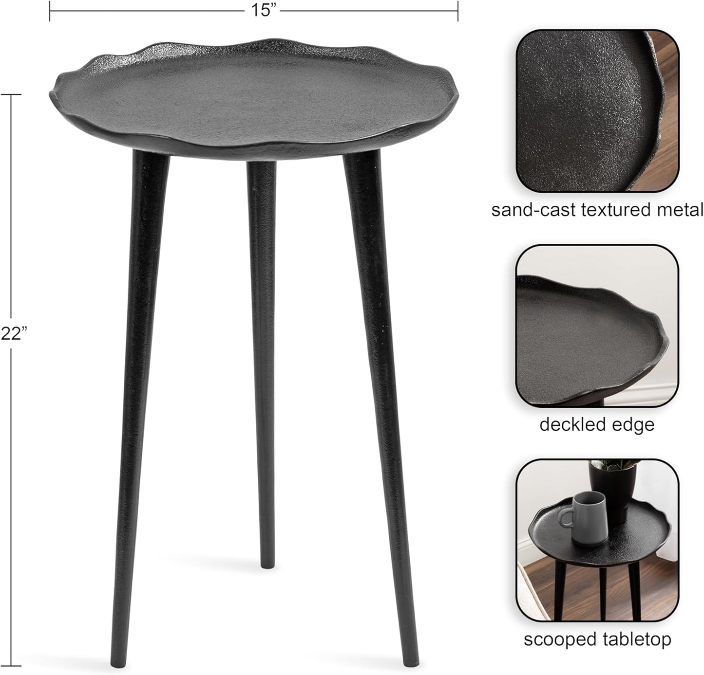Kate and Laurel Alessia Modern Round Metal Side Table; 15 x 15 x 22; Black; Decorative Cast Aluminum End Table with Deckled Edge for Bedroom Nightstand or Living Room Accent