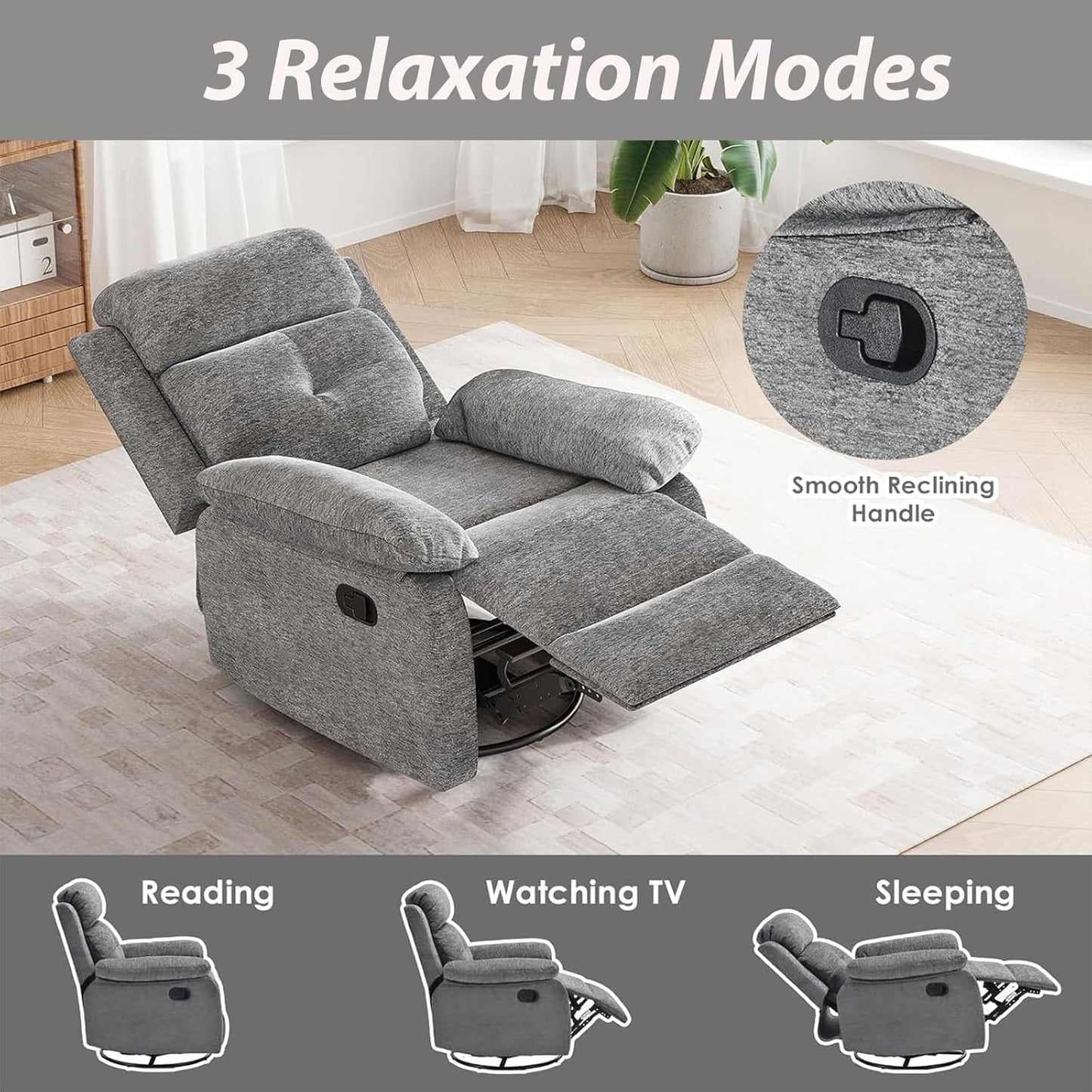Swivel Rocker Recliner, 360 Swivel Small Recliners with 30 Degree, 90-150 Degree Angle, Lift Chair for Home Theater Seating, Adults, Living Room, Bedroom, Nursery, Limestone