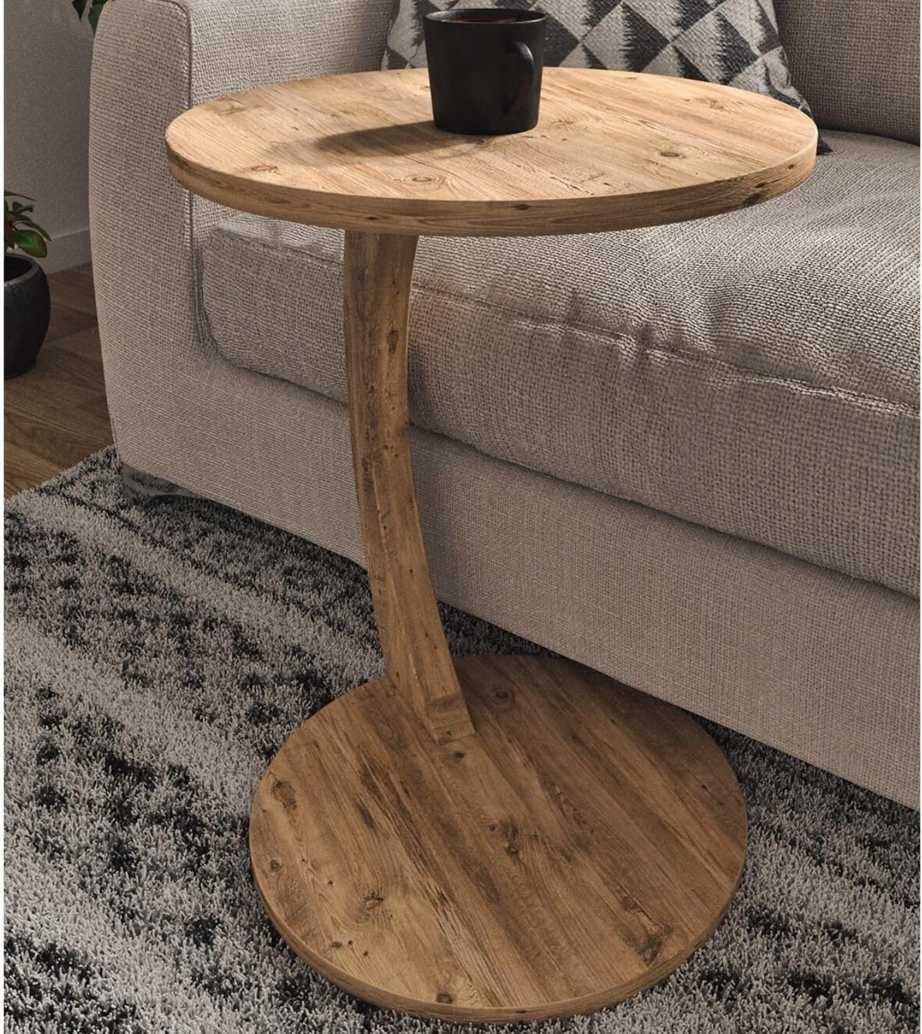 C Shaped End Table for Couch Small Places, Space Saver Round Side Table for Sofa and Bedside with Wheels, Coffee and Eating Snack Time Tray for Living Room, Office (Natural)