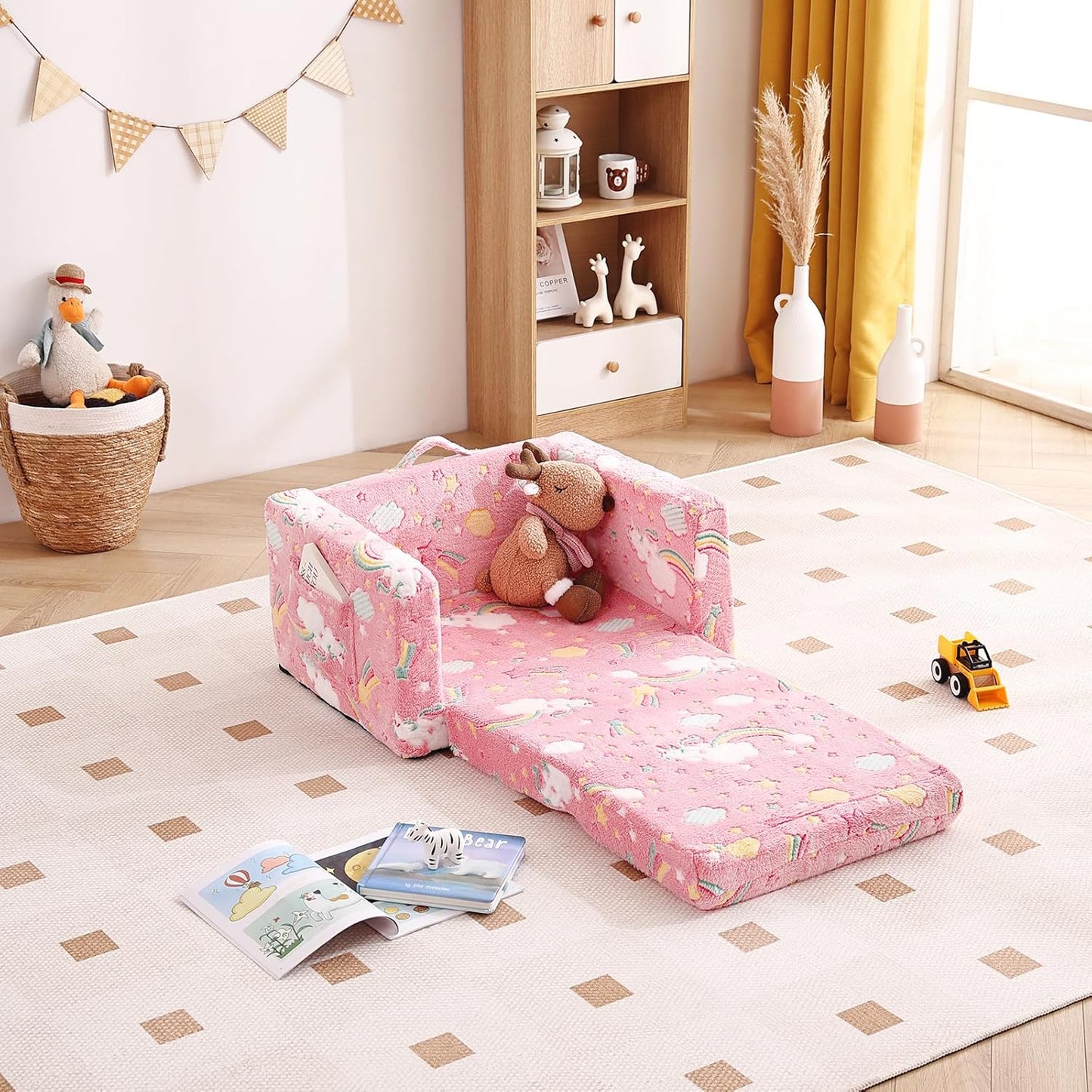 Tiita Kids Chair Couch, Folding Toddler Comfy Chair, 2-in-1 Kids Plush Sofa Fold Out, Baby Armrest Sofa to Lounger, Convertible Play Sofas to Bed for Girl or Boy, Pink Rainbow