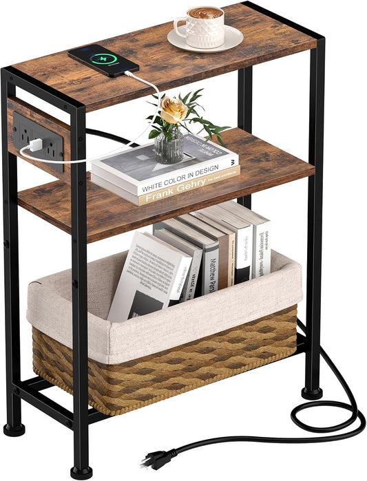 Small Narrow Side Table with Charging Station, Skinny End Table for Small Spaces, Slim Nightstand with Outlets, Sofa Bedside Table in Living Room, Bedroom, Study, Kitchen and Balcony (Rustic Brown)