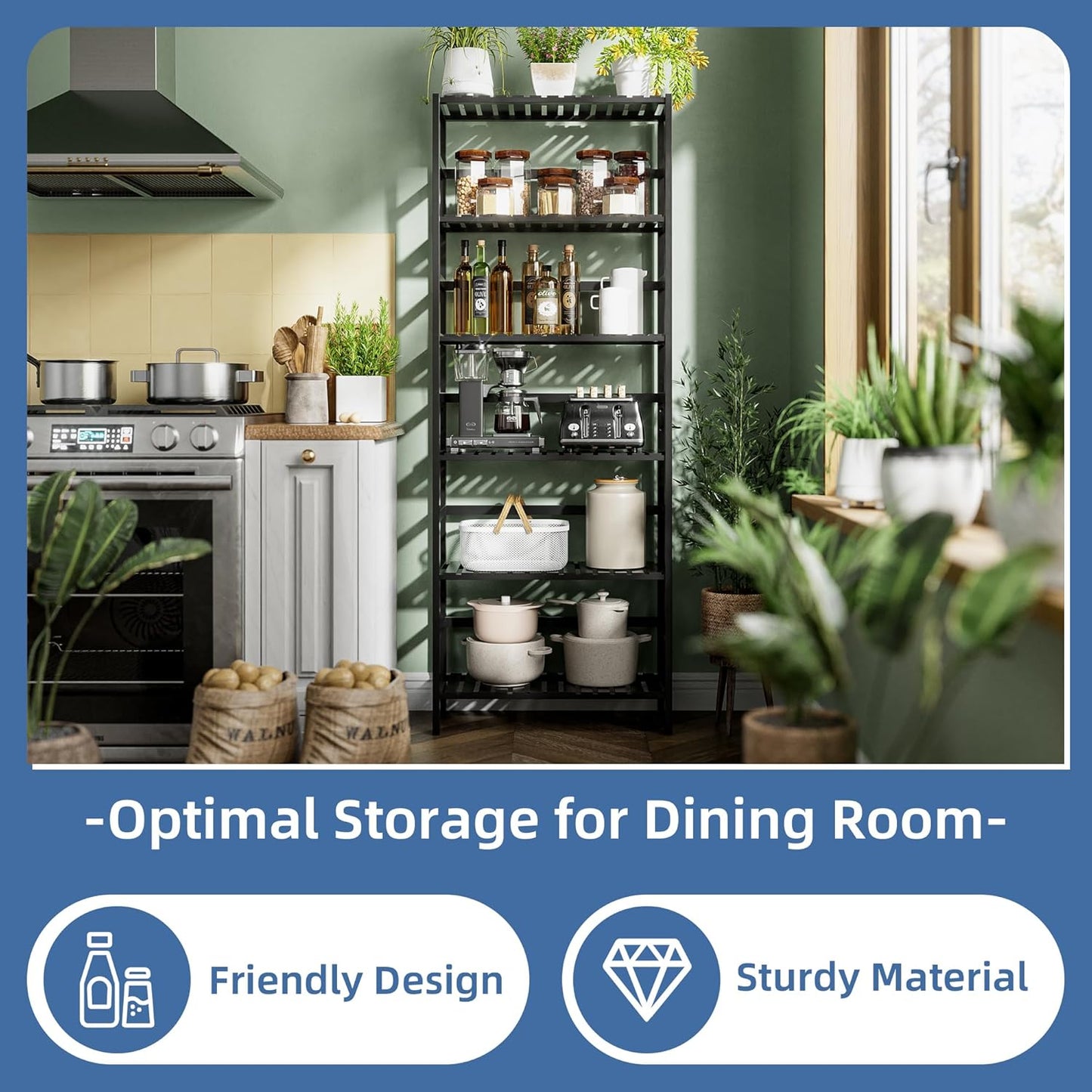 HITNET Bamboo Bookshelf, 6-Tier Tall Open Bookcase with Adjustable Shelves, Floor Standing Storage Shelf Unit for Living Room Bathroom Home Office, Black