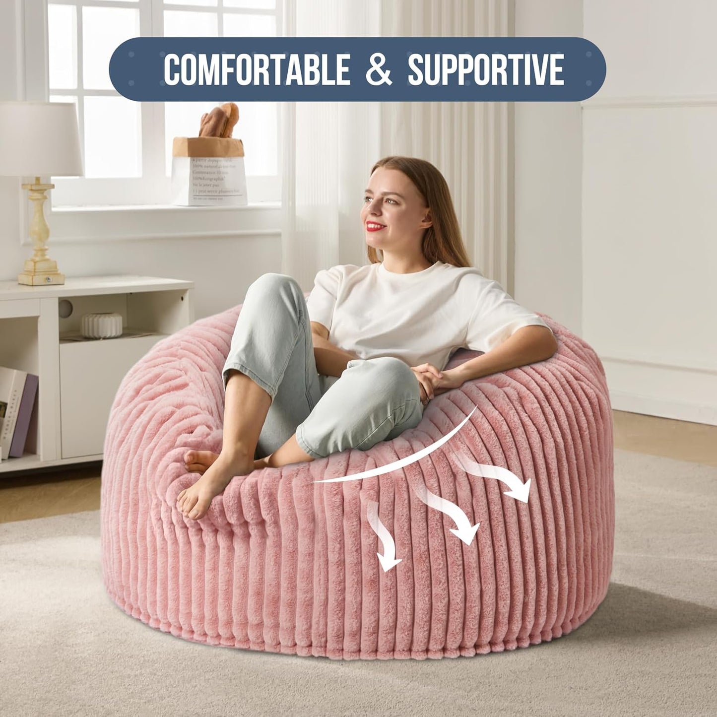 3ft Bean Bag Chairs for Adults Large Beanbag Chair with Stripe Plush Cover Big Bean Bag Chair for Living Room Bedroom Dorm Office