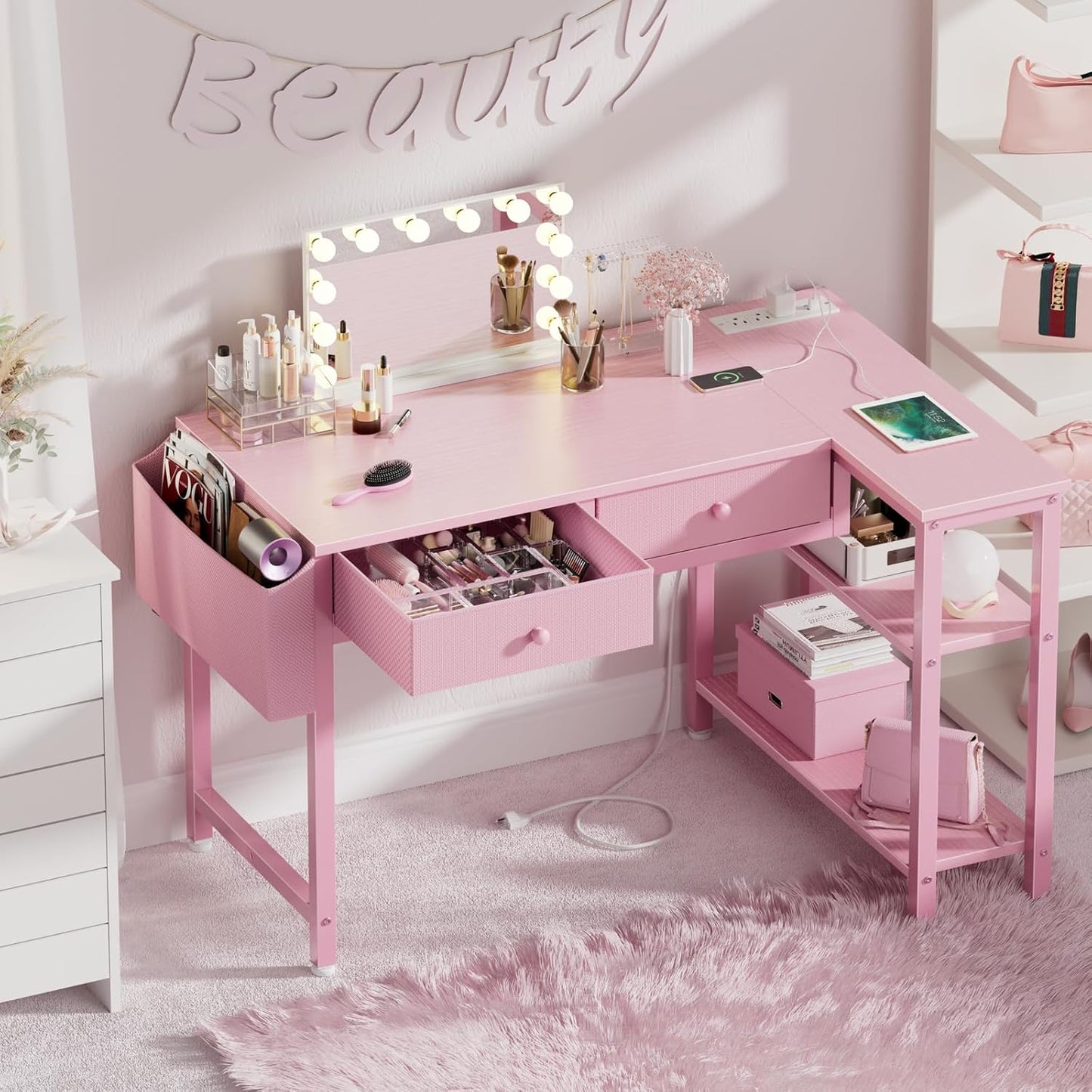 DLisiting Pink Reversible L Shaped Desk with Drawers and Shelves, Small Kids Study Vanity PC Computer Desk with Storage for Girls, Corner L-Shaped Desks for Small Space Bedroom