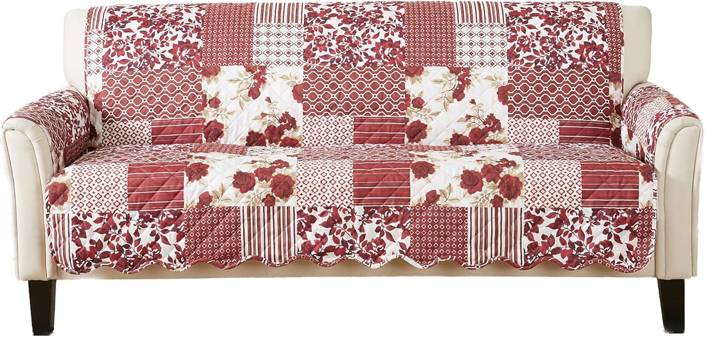 Great Bay Home Patchwork Scalloped Printed Furniture Protector Stain Resistant Sofa Cover (Sofa, Burgundy)