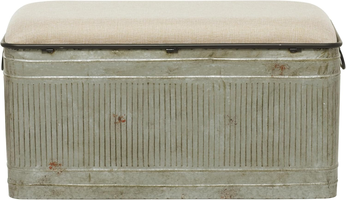 Deco 79 Metal Room Storage Bench Galvanized Entryway Bench with Cream Burlap Top and Black Latches, Bench 38" x 16" x 19", Gray