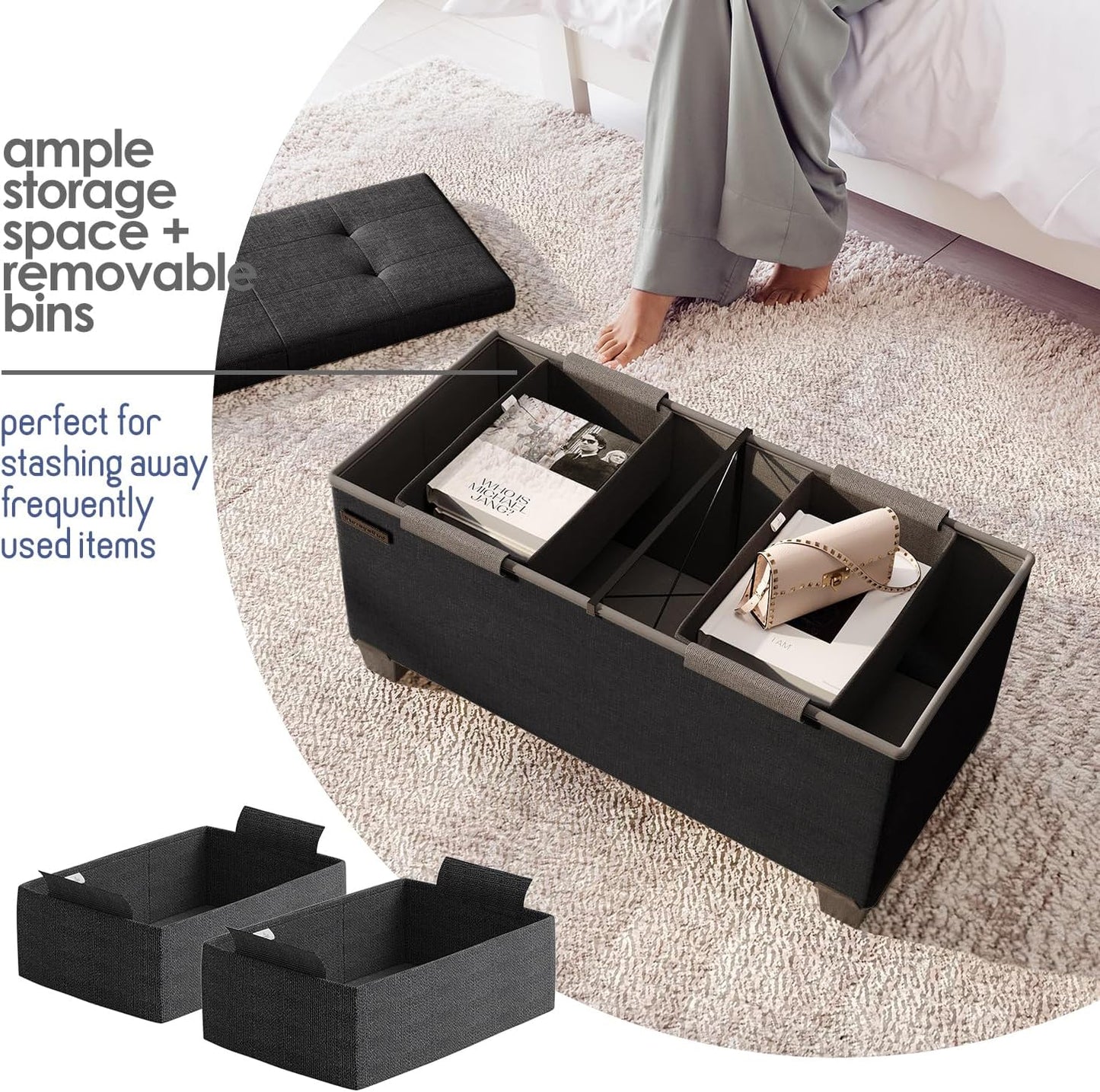 STORAGEBUD Storage Ottoman Bench with Bins, 30-in Storage Bench for Bedroom End of Bed, Folding Foot Rest Ottoman for Living Room Max 660lbs, Fabric Ottomans, Black