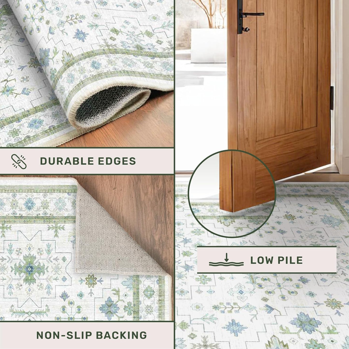 Blue and Green 2x6 Boho Bathroom Runner - Modern Vintage Eclectic Floral Pastel Geometric Oushak Runners, Washable Low Pile Non Slip Small Area Rugs for Kitchen, Hallway, Bedroom, Laundry, Powder Room