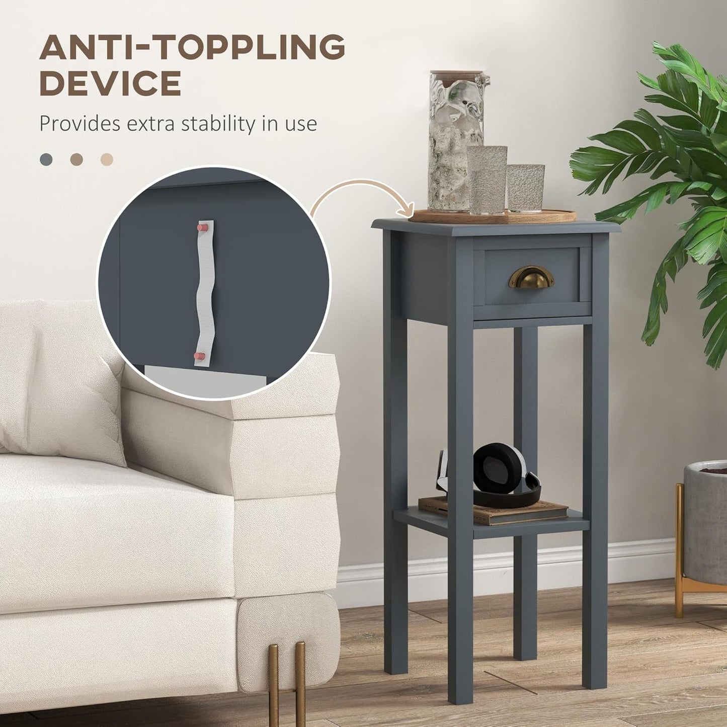 HOMCOM 2-Tier Side Table with Drawer, Narrow End Table with Bottom Shelf, for Living Room, Set of 2, Gray