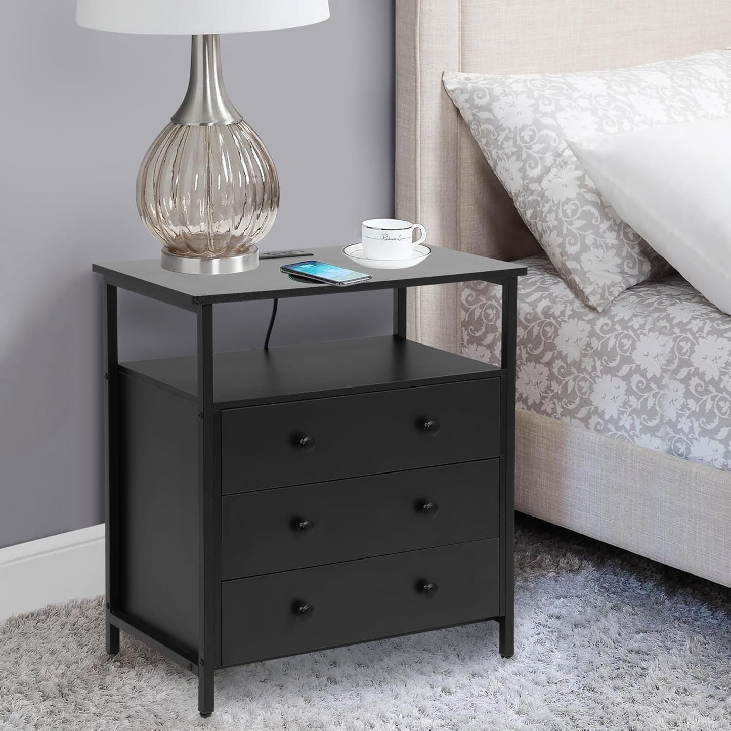 3 Wooden Drawers Night Stand, 27 Inch Wide Nightstand with Charging Station and Adjustable Drawers, Bedside Table for Living Room/Bedroom/Office, Black.