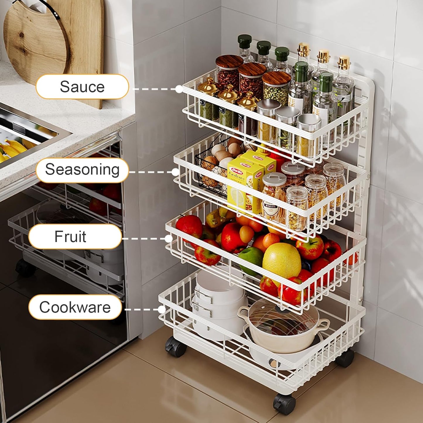4-Tier Kitchen Storage Cart, Metal Utility Rolling Cart with Wheels, Versatile Rolling Storage Snack Cart, Adjustable Fruit Vegetable Basket Rack for Pantry, Bathroom, Kitchen, Office (Milky White)