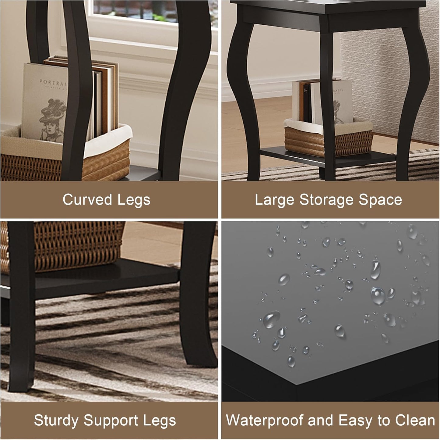 ChooChoo End Tables Living Room, Side Tables Living Room with Curved Legs and Storage Shelf, Small End Tables for Small Spaces, Black
