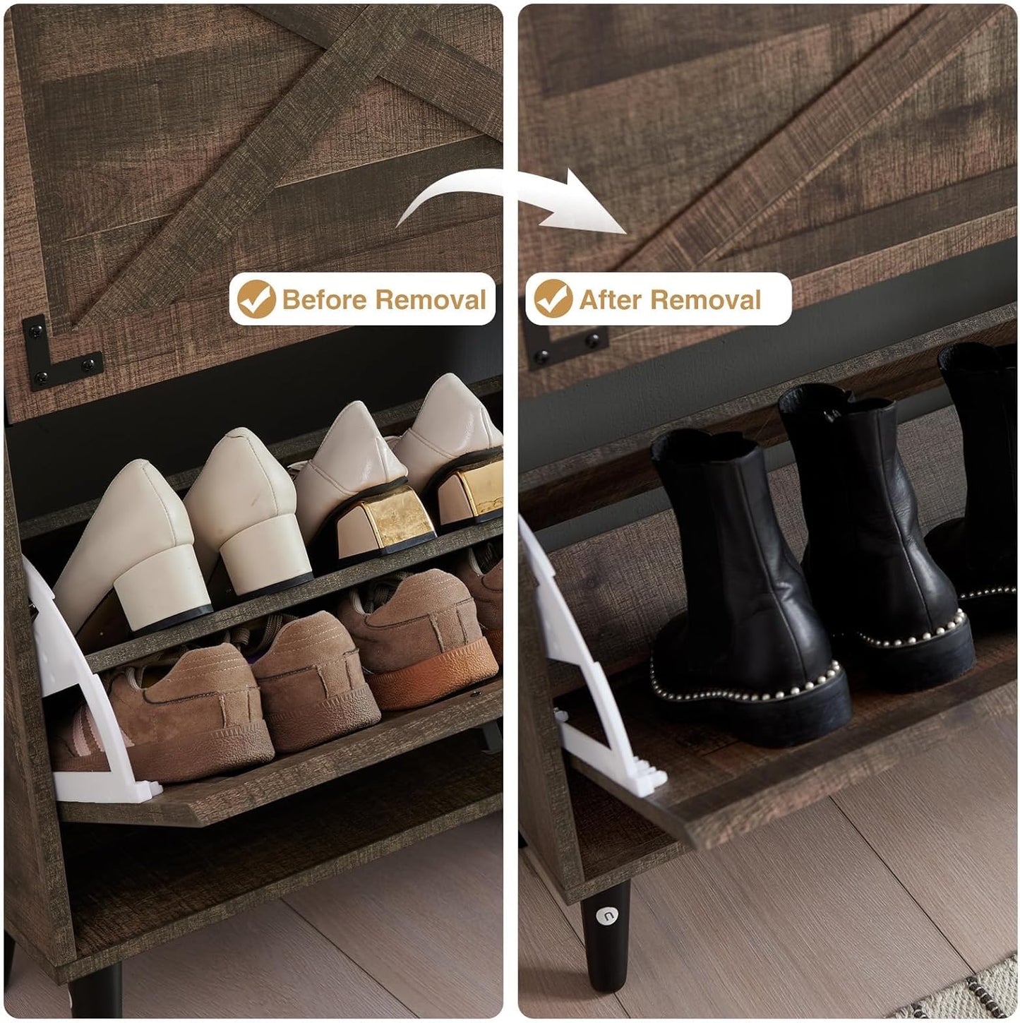 Shoe Storage Cabinet,Farmhouse Shoe Organizer with 2 Flip Drawers & Barn Door Design,Freestanding Hidden Slim Narrow Shoe Rack Cabinet for Entryway,Foyer,Hallway,Rustic Brown