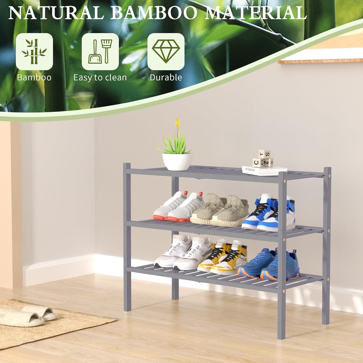 3 Tier Bamboo Shoe Rack for Closet Free Standing Wood Shoe Shelf Storage Organizer for Entryway Small Space Stackable 27"x11"x20" (Grey)