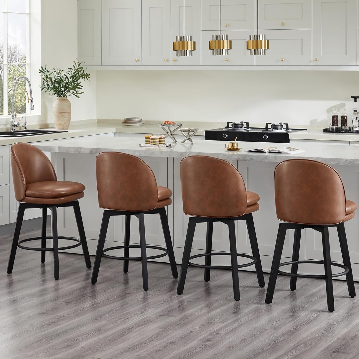 Counter Height Barstools 26 inch Upholstered Swivel Bar Stools with Back and Wood Legs for Kitchen Island,Set of 3,Brown PU Leather-Armless