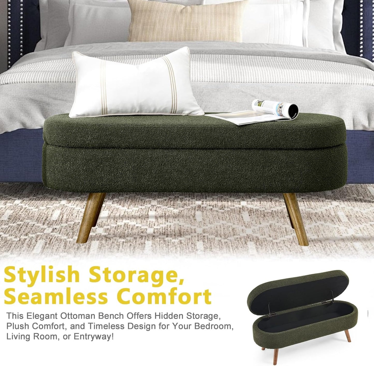 NicBex Ottoman Bench with Storage for Bedroom, 43.5" Upholstered End of Bed Bench with Rubber Wood Legs, Linen Storage Bench for Living Room or Entryway,