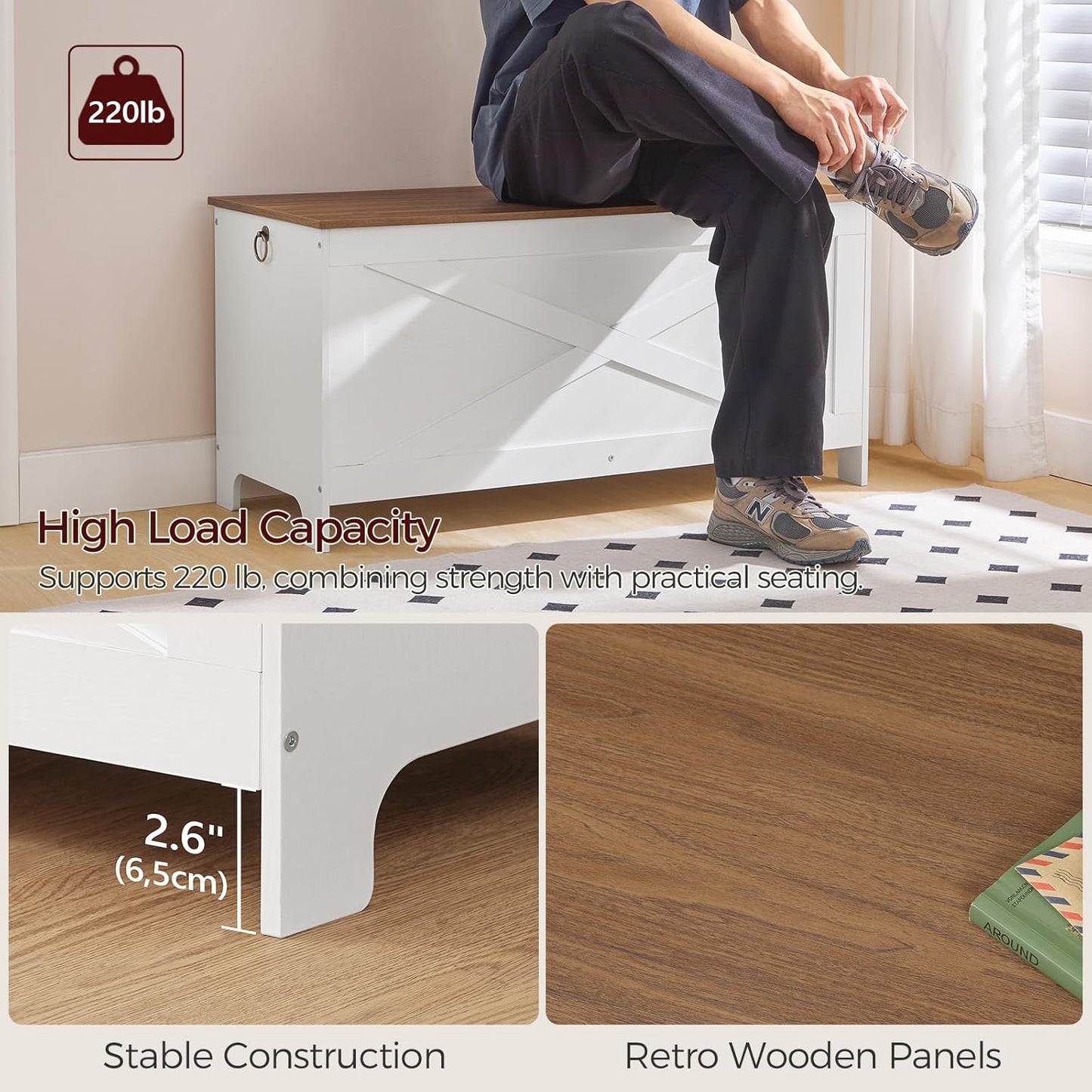 47.2" Toy Chest, Sturdy Entryway Storage Chest with Safety Hinge, Retro Toy Box, Wooden Look Accent Furniture for Living Room, Bedroom, White+Walnut SCBZ48801