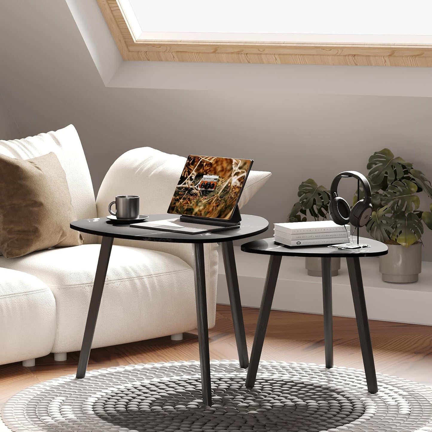 BAMEOS Bamboo Nesting Triangle End Table,Set of 2 Coffee Table Modern Minimalist Side Table for Living Room (Marble Black)