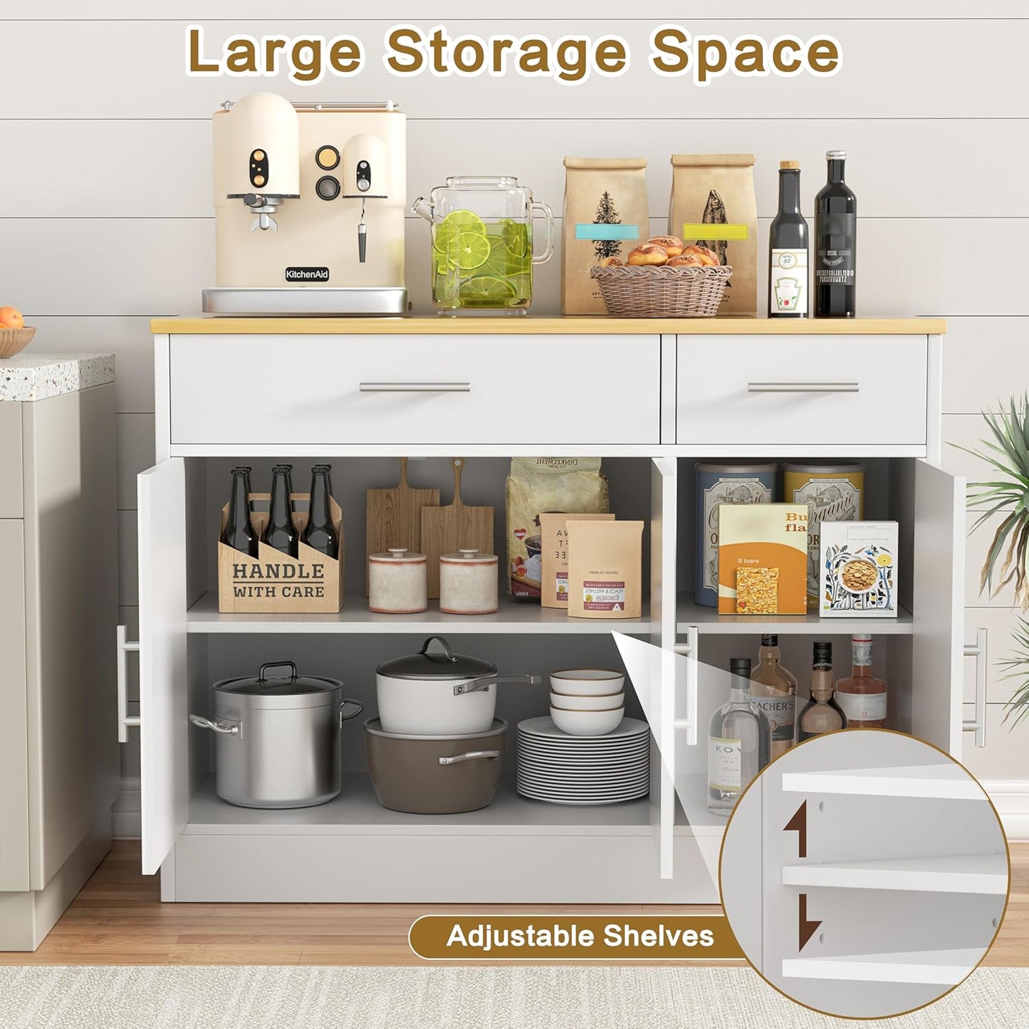 Shintenchi 3 Doors Farmhouse Sideboard Buffet Cabinet,42" Barn Doors Buffet Cabinet with Storage,Wood Coffee Bar Cabinet with Adjustable Shelf for Kitchen,Living Room,White