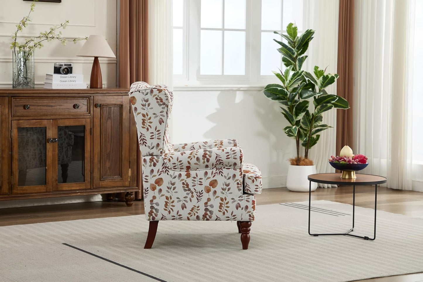 Ball & Cast Modern Accent Chair,Comfy Upholstered Armchair with Retro Wood Legs,Floral Design Single Sofa Chair,Living Room Furniture for Apartment,Bedroom,Office,Linen Fabric,Floral Yellow